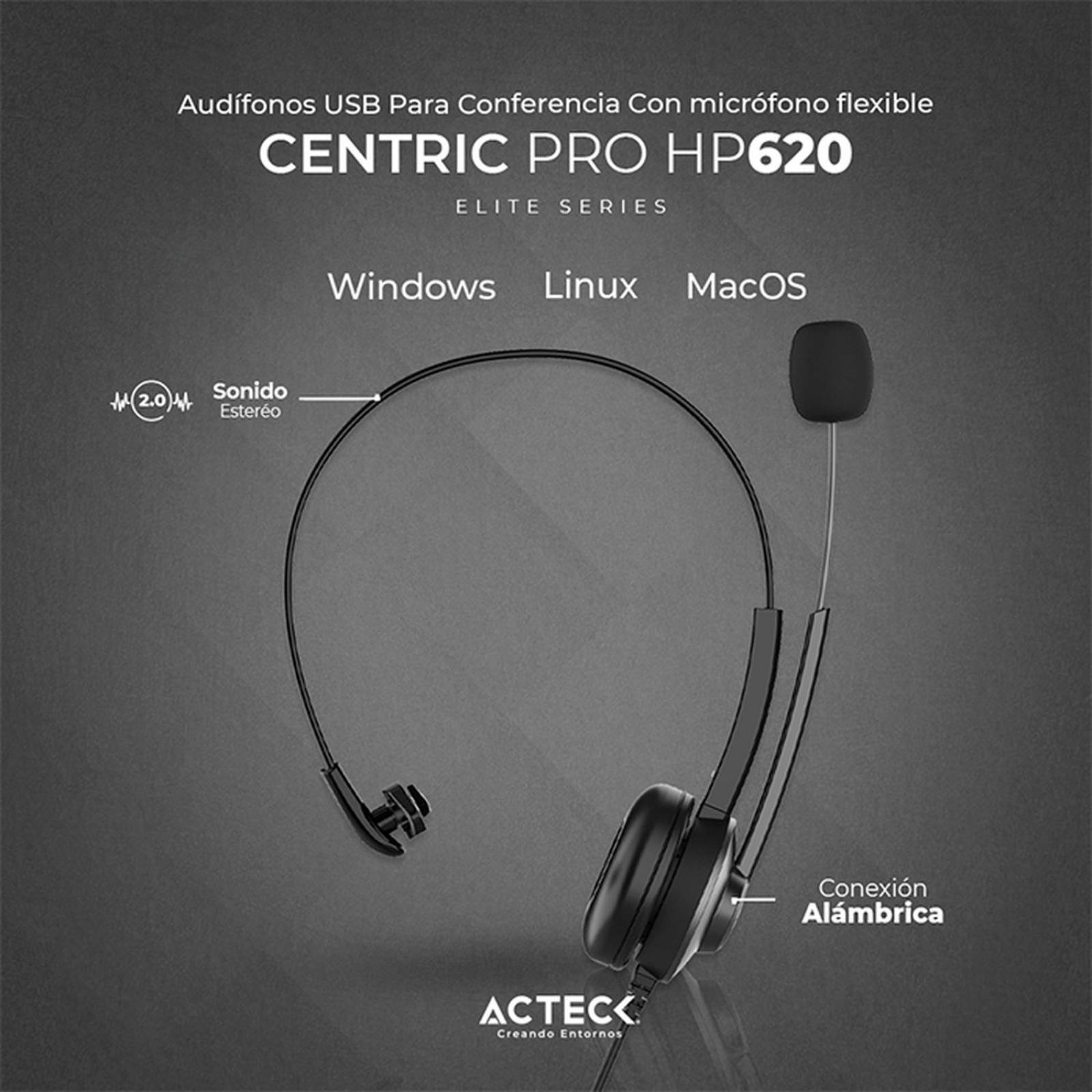 Audifono Diadema para Call Center ACTECK CENTRIC PRO HP620 Alambrico USB Negro AC-935326 