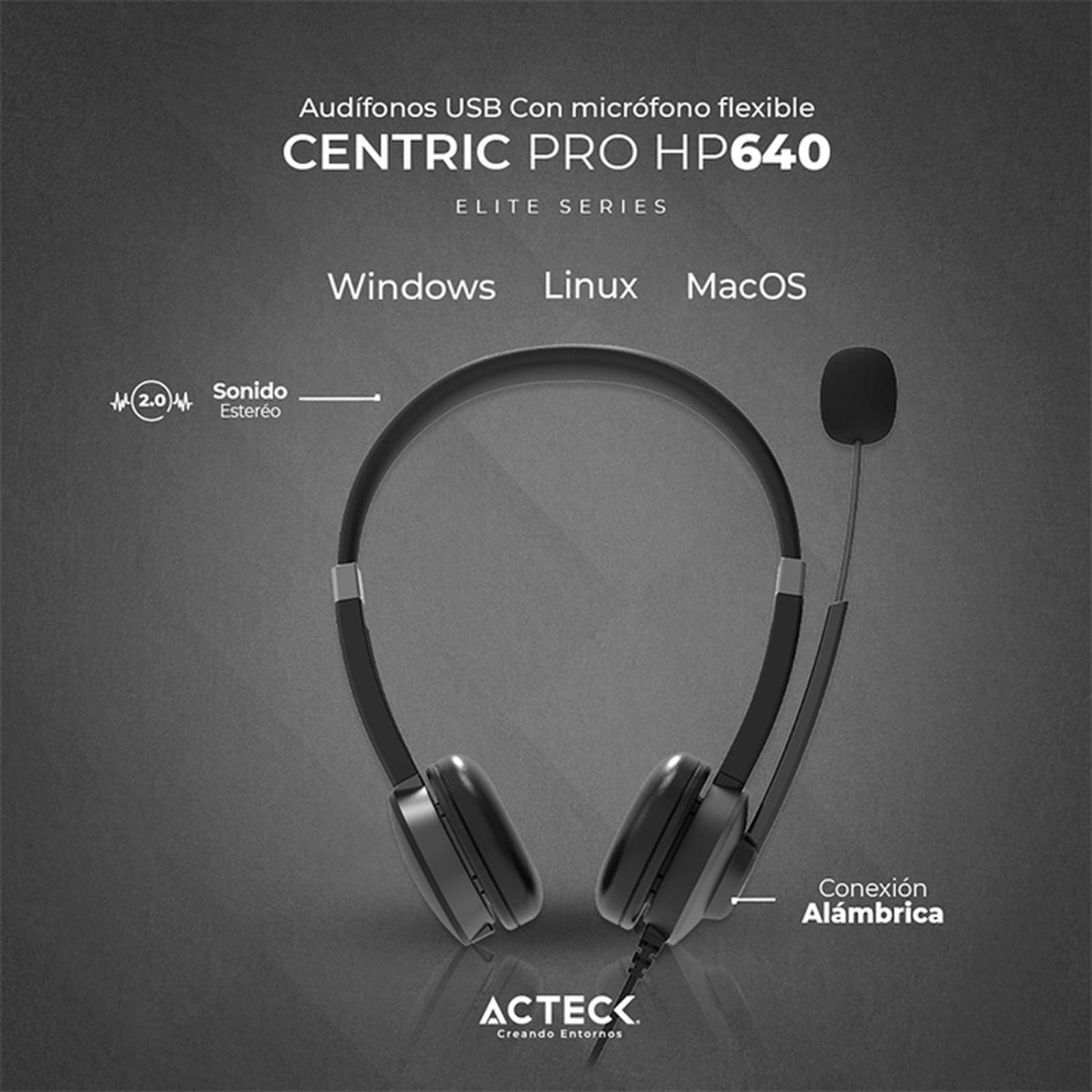 Audifono Diadema para Call Center ACTECK CENTRIC PRO HP640 Alambrico USB Negro AC-935319 