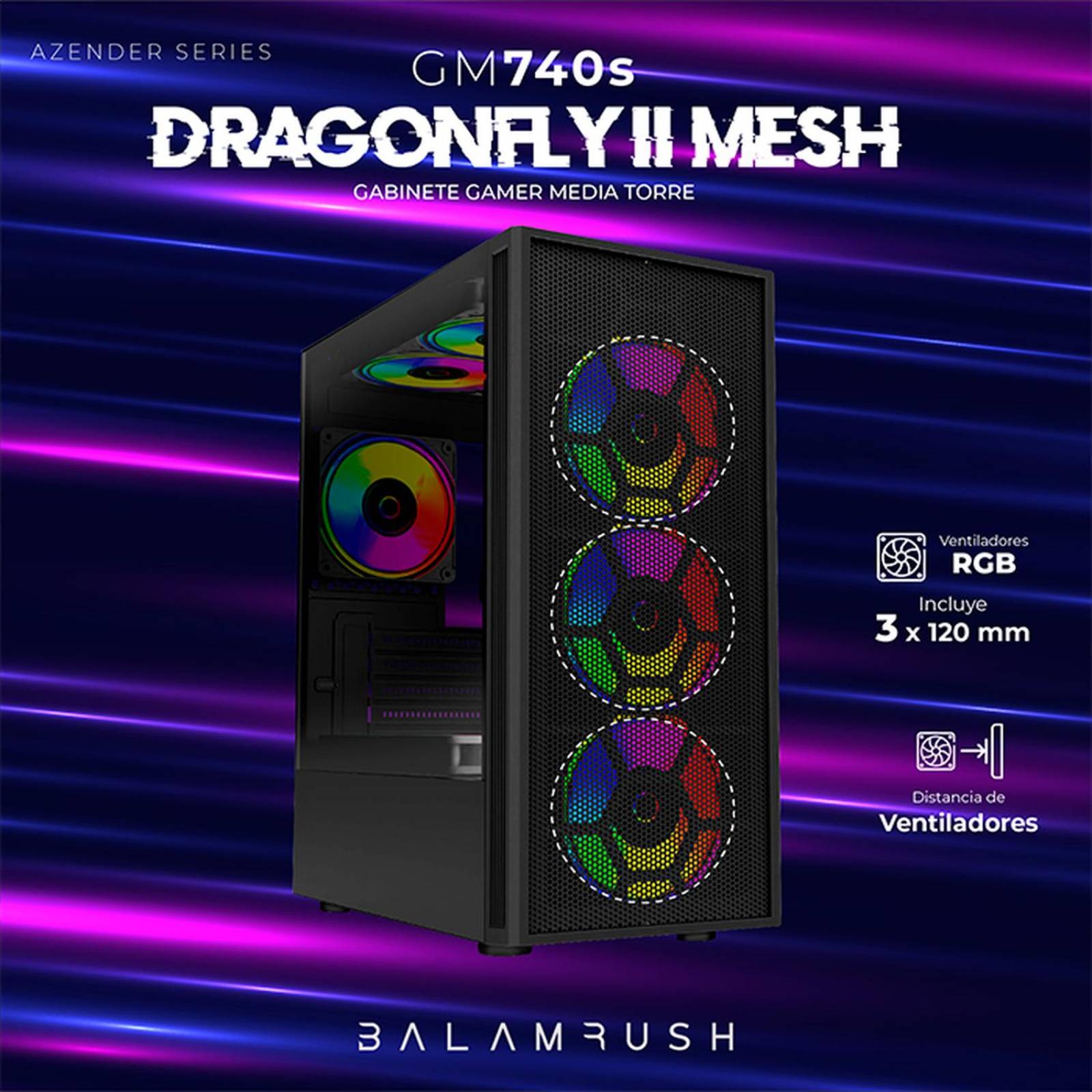 Gabinete Gamer BALAM RUSH DRAGONFLY II MESH GM740s ATX Media Torre 3 Fan Cristal Templado Negro BR-936071 