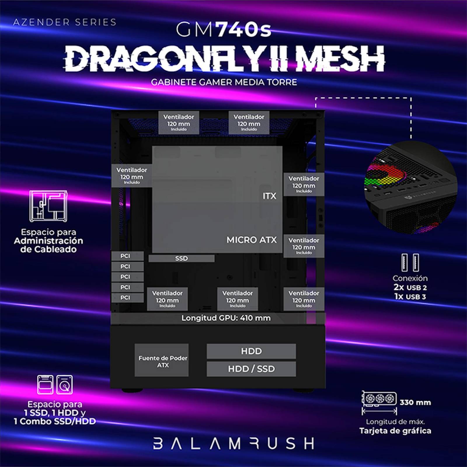 Gabinete Gamer BALAM RUSH DRAGONFLY II MESH GM740s ATX Media Torre 3 Fan Cristal Templado Negro BR-936071 