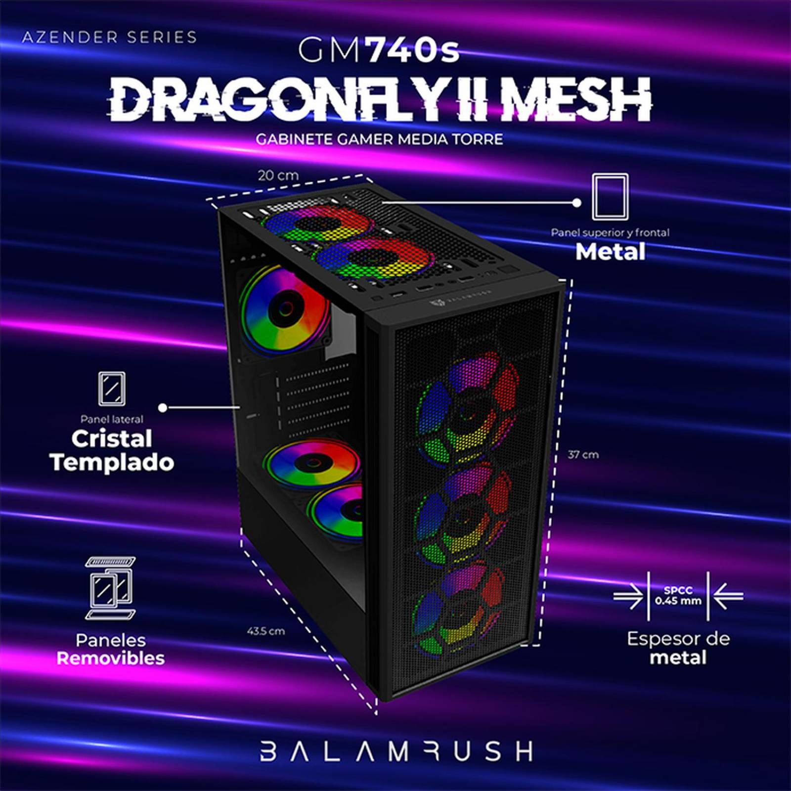 Gabinete Gamer BALAM RUSH DRAGONFLY II MESH GM740s ATX Media Torre 3 Fan Cristal Templado Negro BR-936071 