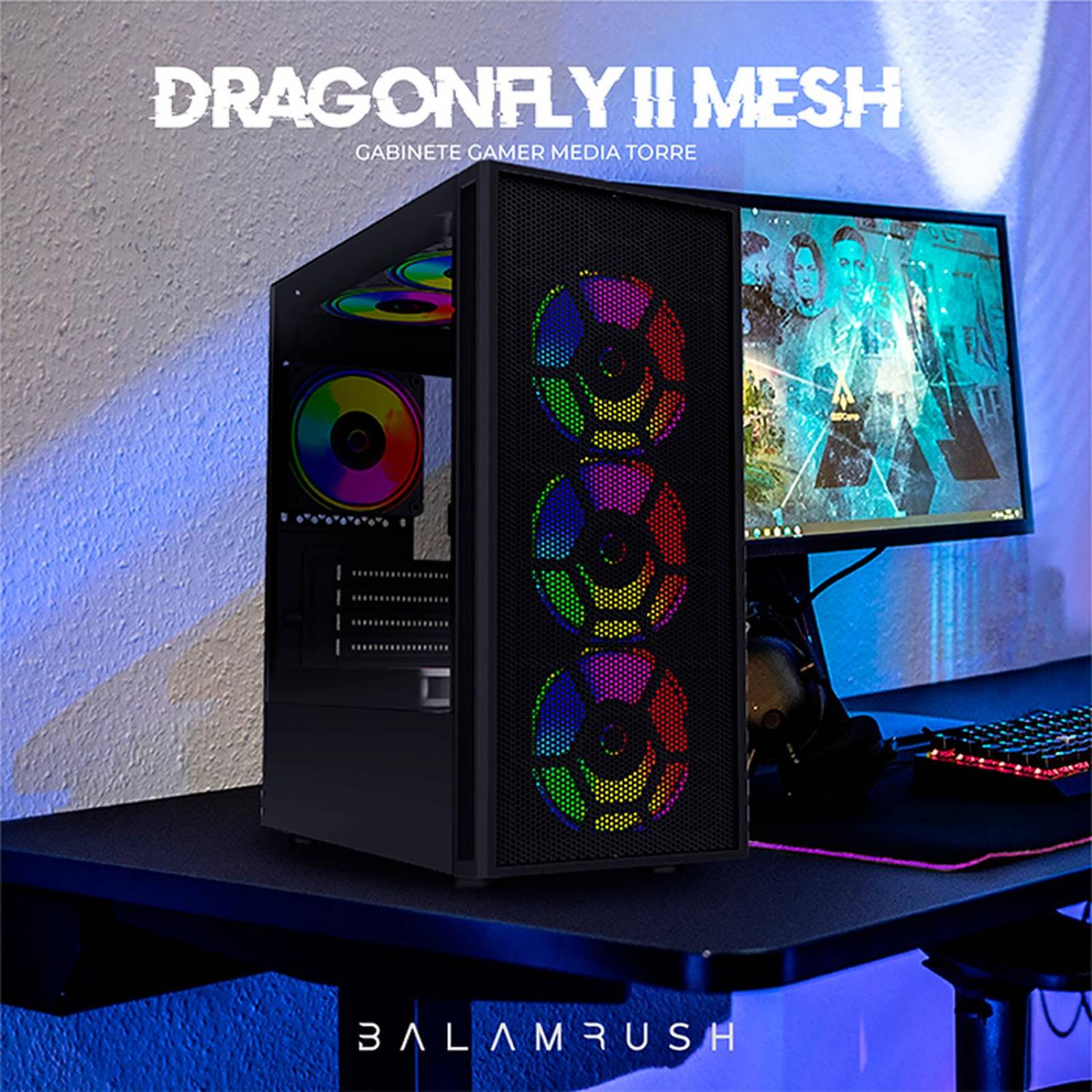 Gabinete Gamer BALAM RUSH DRAGONFLY II MESH GM740s ATX Media Torre 3 Fan Cristal Templado Negro BR-936071 