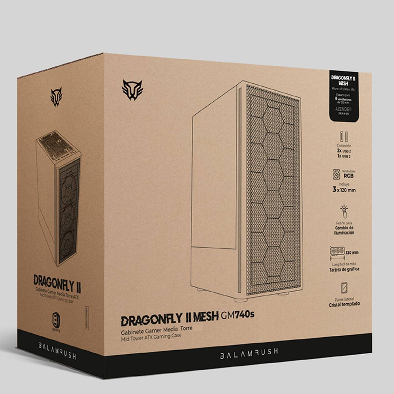 Gabinete Gamer BALAM RUSH DRAGONFLY II MESH GM740s ATX Media Torre 3 Fan Cristal Templado Negro BR-936071 