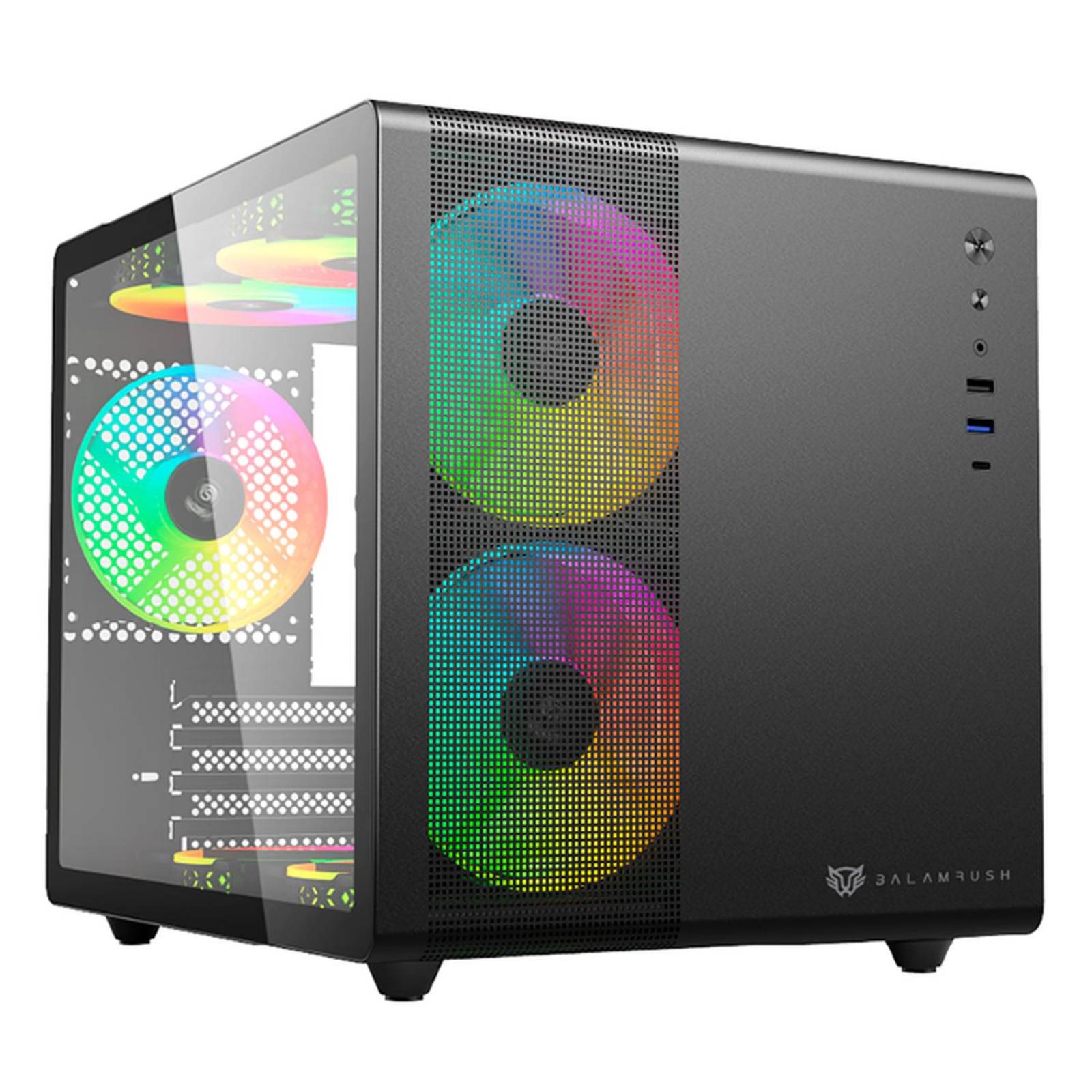 Gabinete Gamer BALAM RUSH TANK MINI GI930 M-ATX Mini Torre 3 Fan RGB USB-C Negro BR-936033 