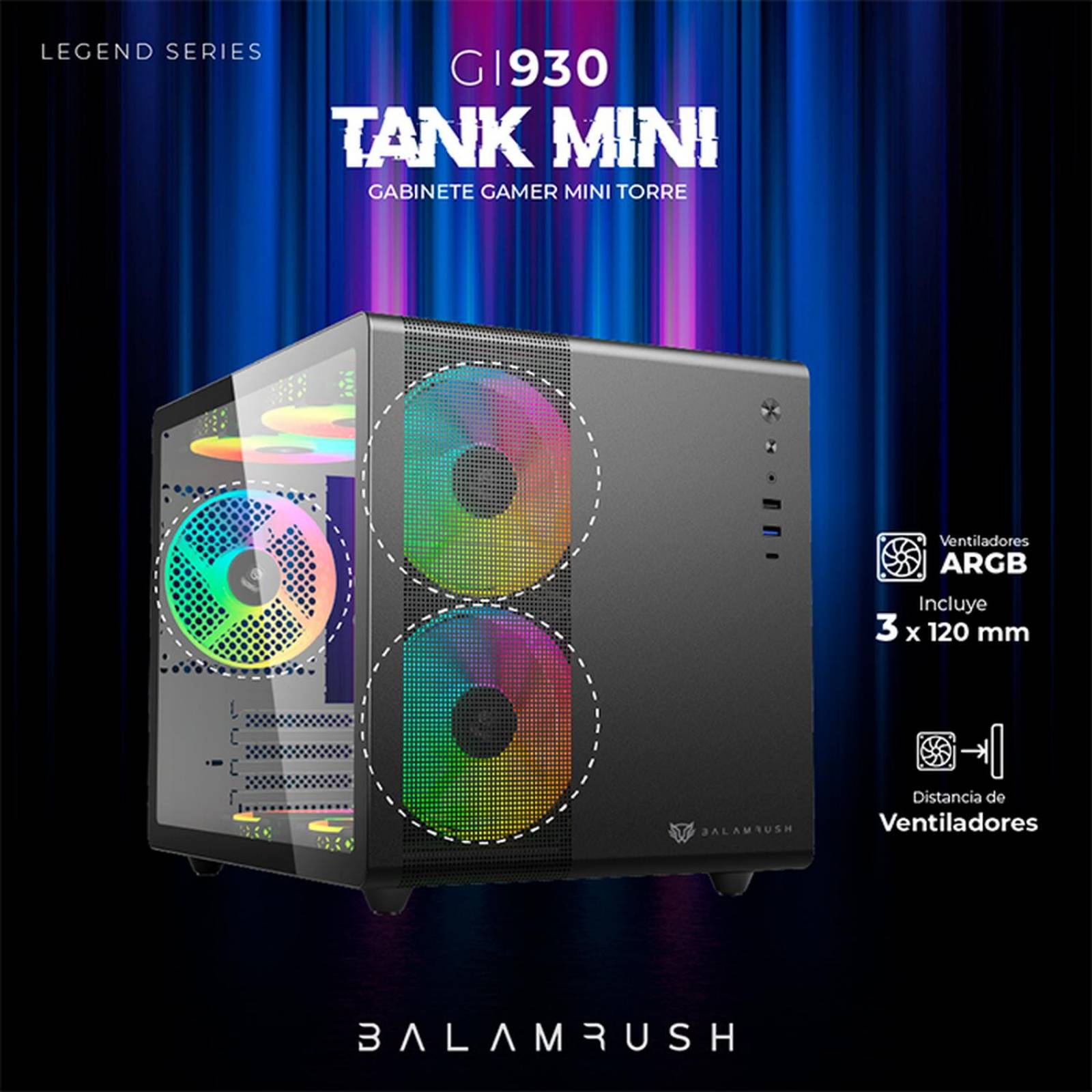 Gabinete Gamer BALAM RUSH TANK MINI GI930 M-ATX Mini Torre 3 Fan RGB USB-C Negro BR-936033 