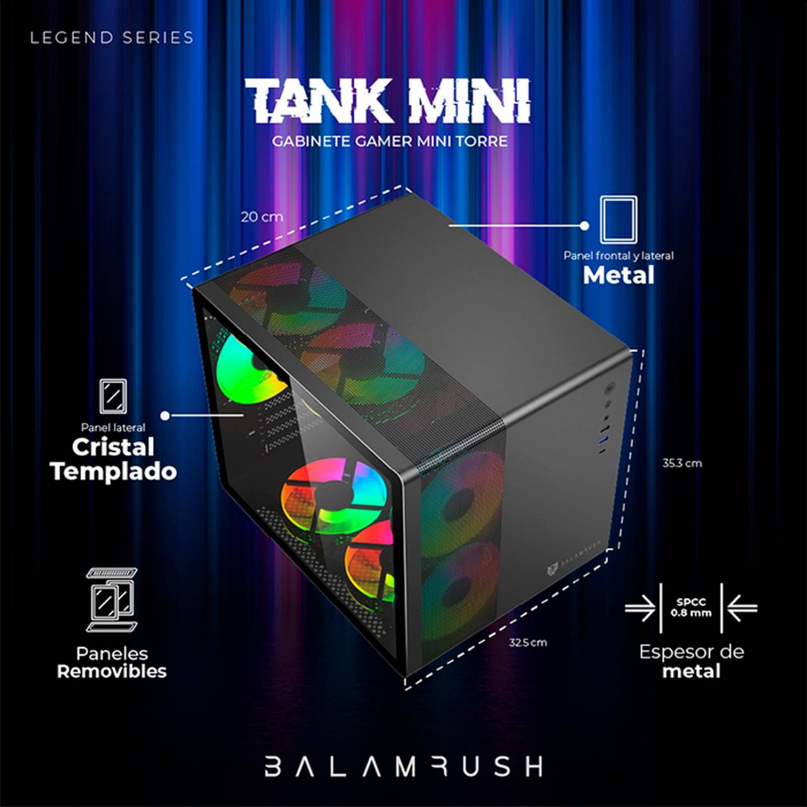 Gabinete Gamer BALAM RUSH TANK MINI GI930 M-ATX Mini Torre 3 Fan RGB USB-C Negro BR-936033 