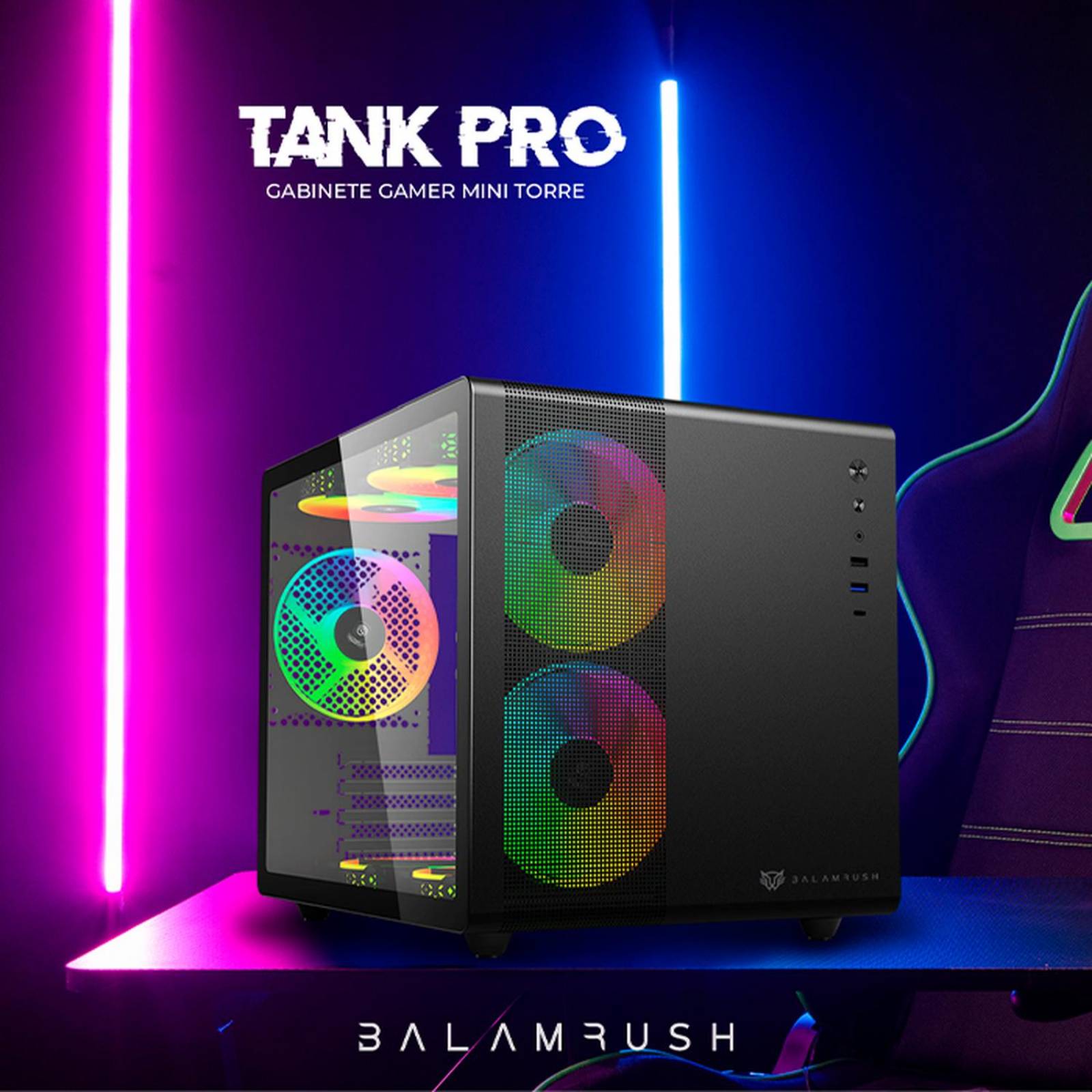 Gabinete Gamer BALAM RUSH TANK MINI GI930 M-ATX Mini Torre 3 Fan RGB USB-C Negro BR-936033 