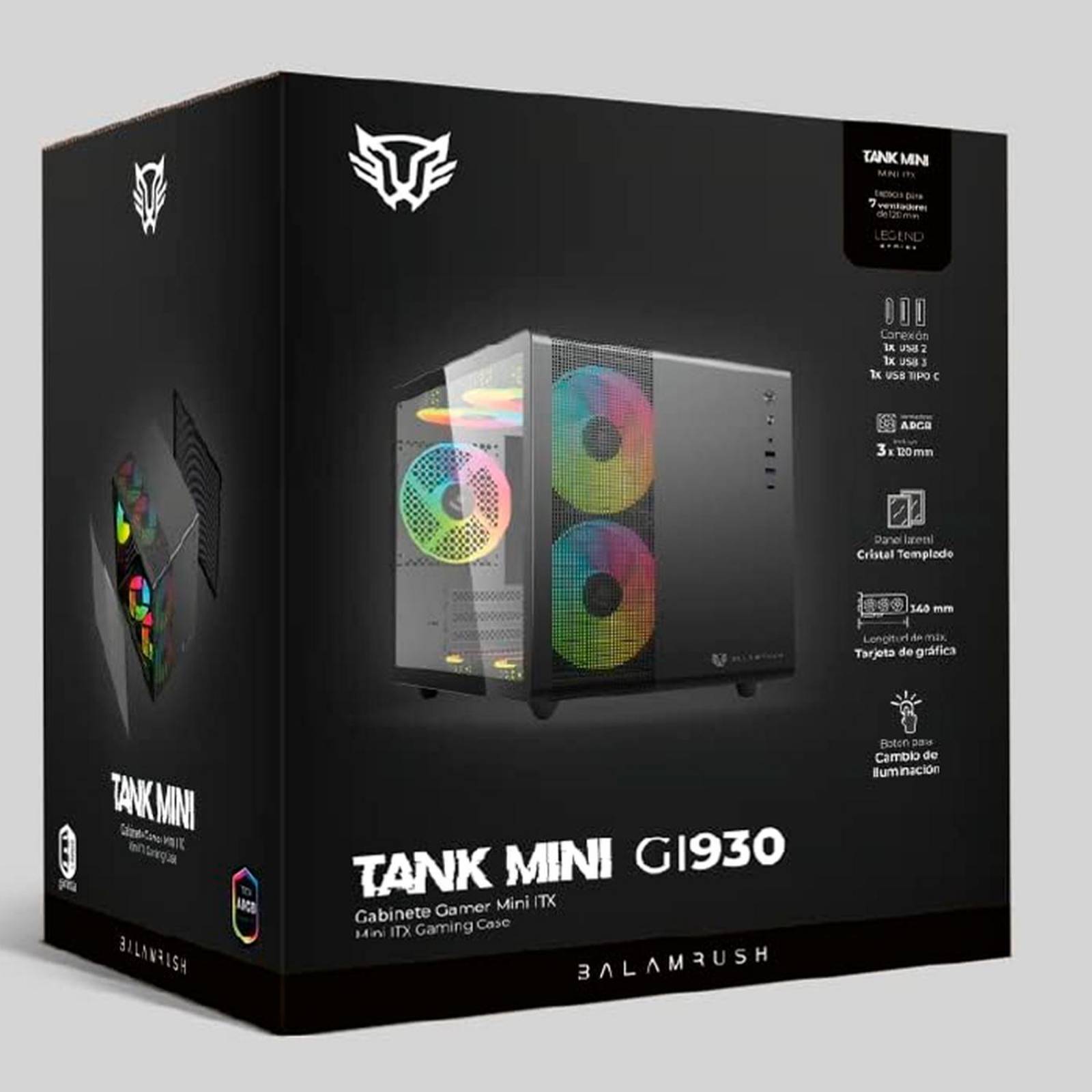 Gabinete Gamer BALAM RUSH TANK MINI GI930 M-ATX Mini Torre 3 Fan RGB USB-C Negro BR-936033 