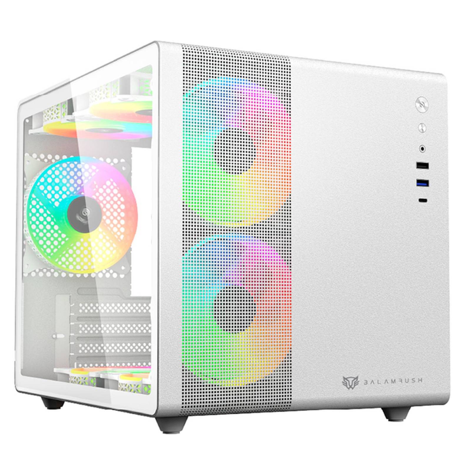 Gabinete Gamer BALAM RUSH TANK MINI GI930 M-ATX Mini Torre 3 Fan RGB USB-C Blanco BR-936040 