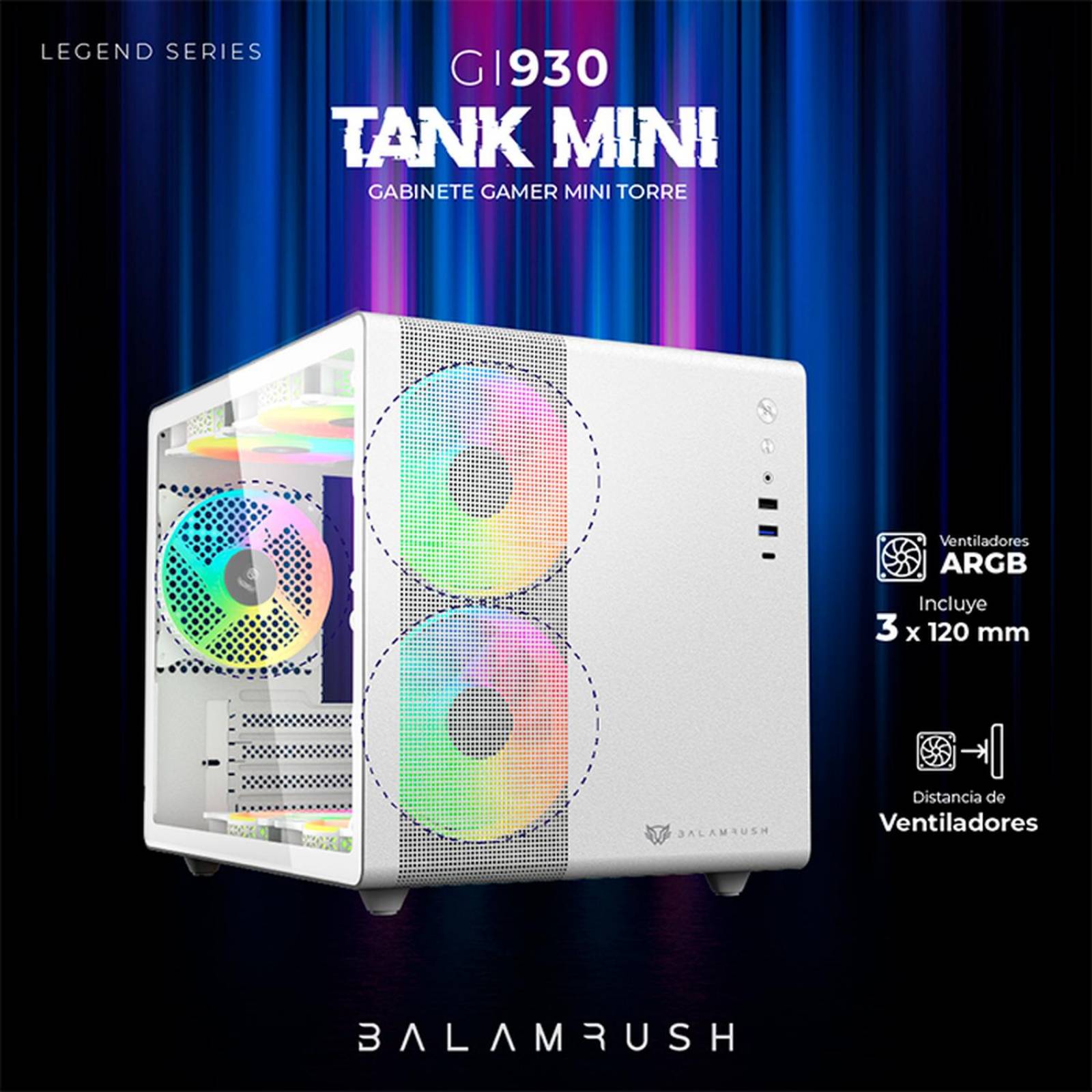 Gabinete Gamer BALAM RUSH TANK MINI GI930 M-ATX Mini Torre 3 Fan RGB USB-C Blanco BR-936040 