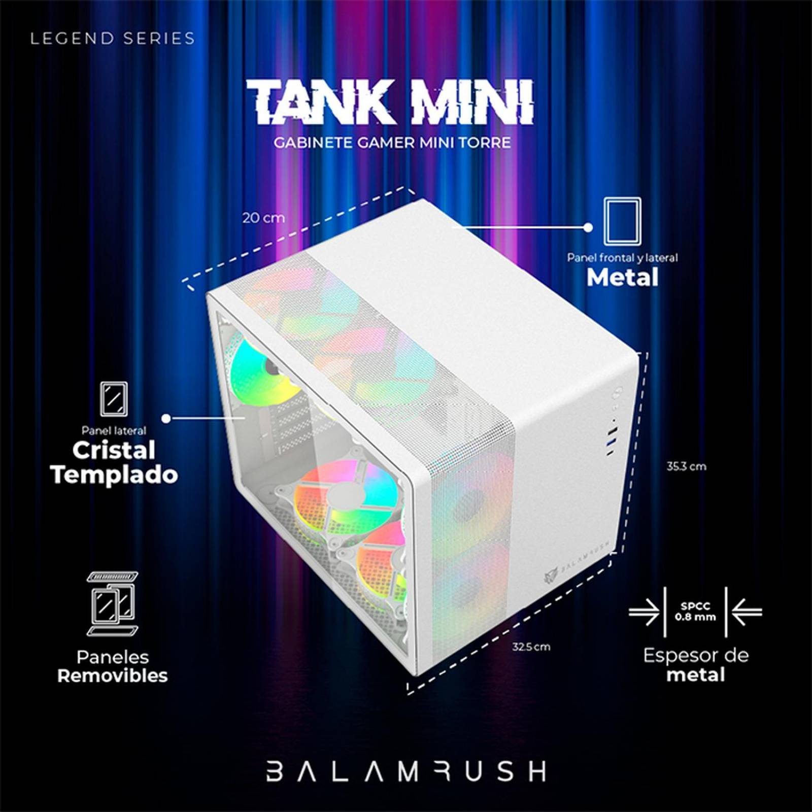 Gabinete Gamer BALAM RUSH TANK MINI GI930 M-ATX Mini Torre 3 Fan RGB USB-C Blanco BR-936040 
