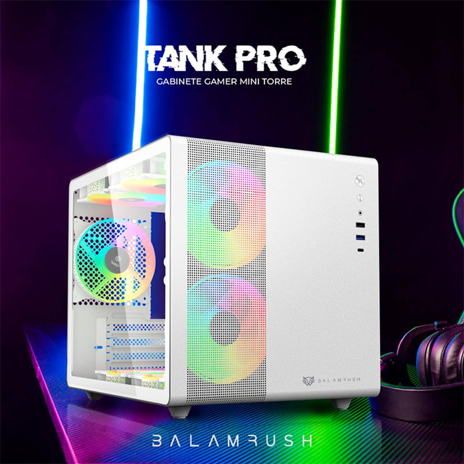 Gabinete Gamer BALAM RUSH TANK MINI GI930 M-ATX Mini Torre 3 Fan RGB USB-C Blanco BR-936040 