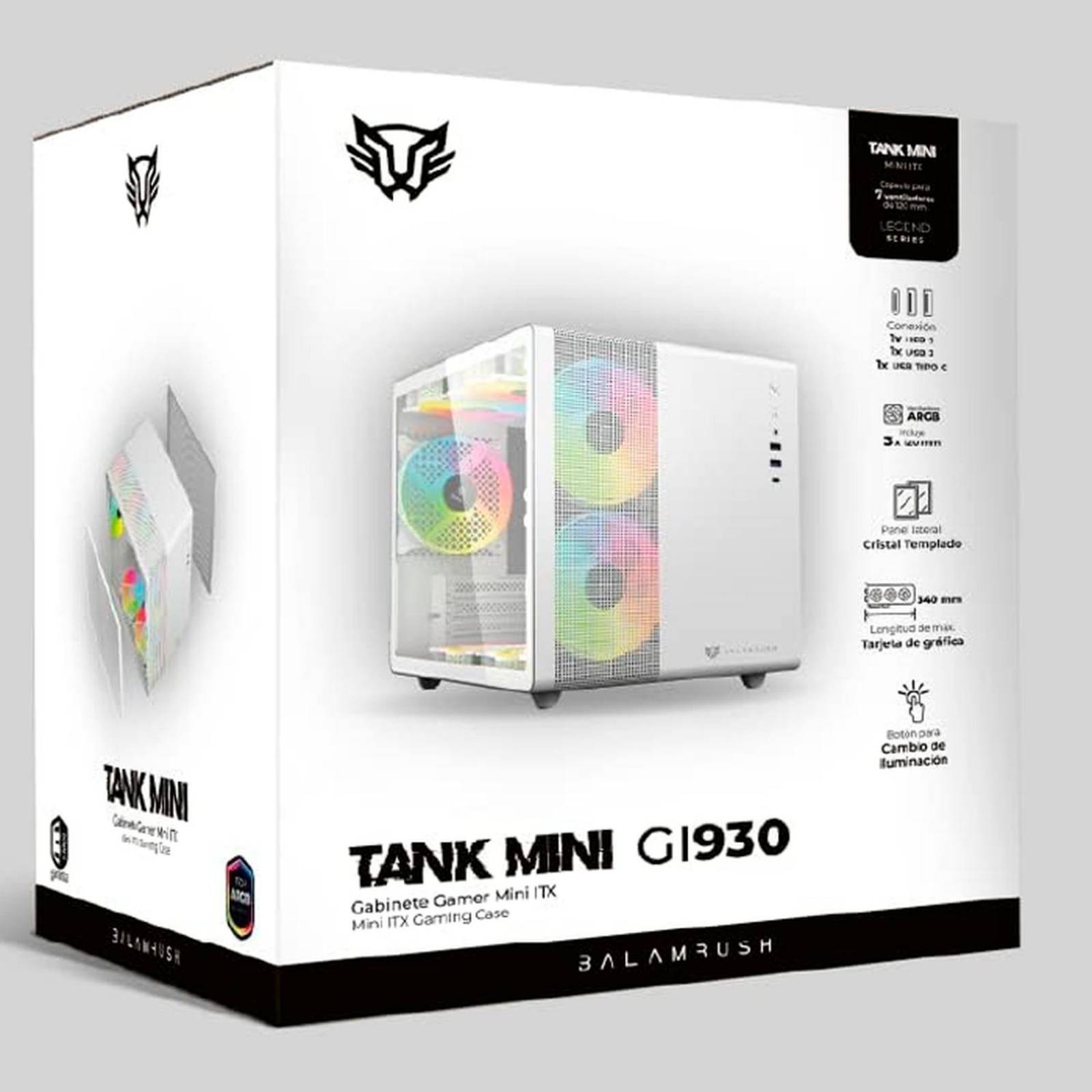Gabinete Gamer BALAM RUSH TANK MINI GI930 M-ATX Mini Torre 3 Fan RGB USB-C Blanco BR-936040 