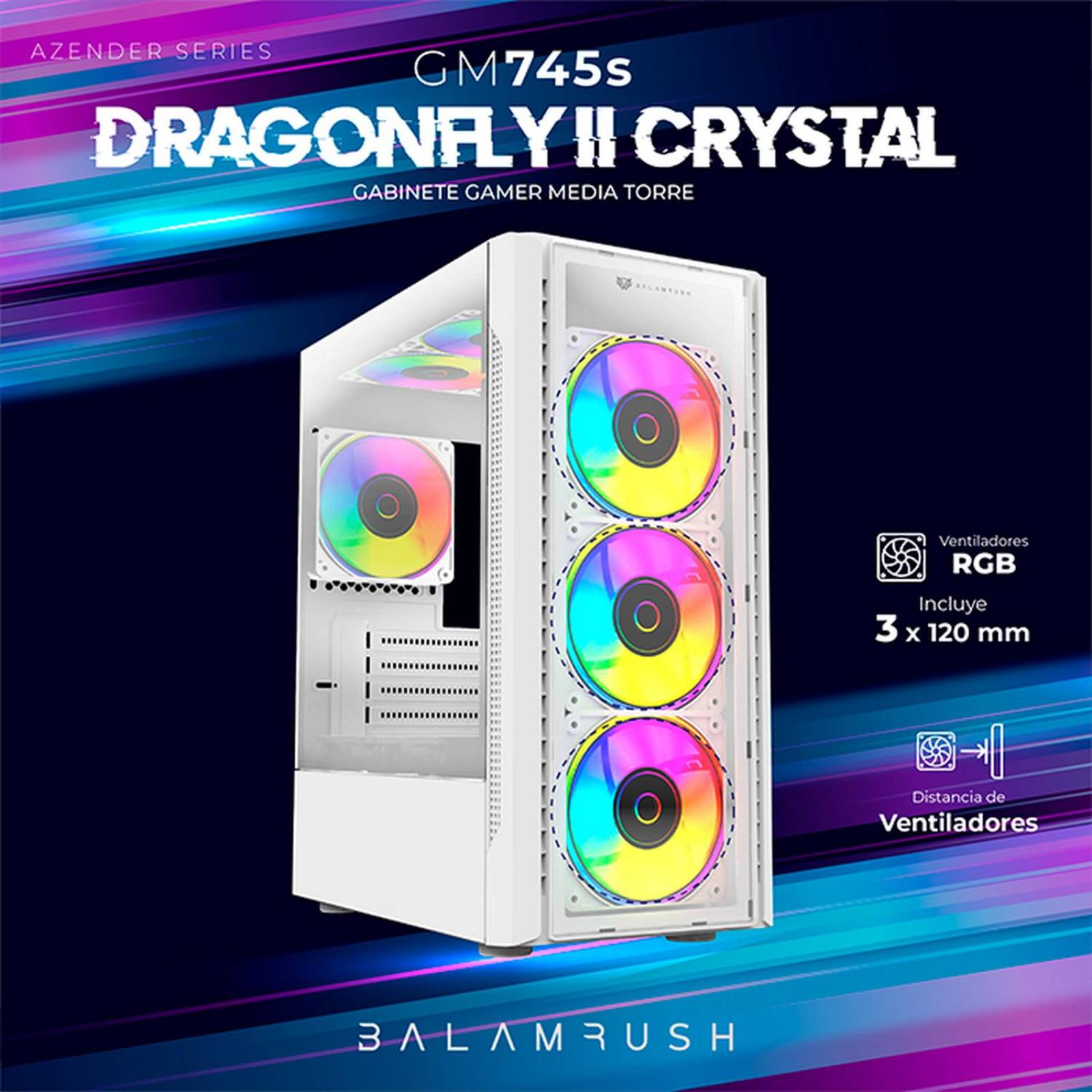 Gabinete Gamer BALAM RUSH DRAGONFLY II CRYSTAL GM745s ATX Media Torre 3 Fan Cristal Templado Blanco BR-936064 