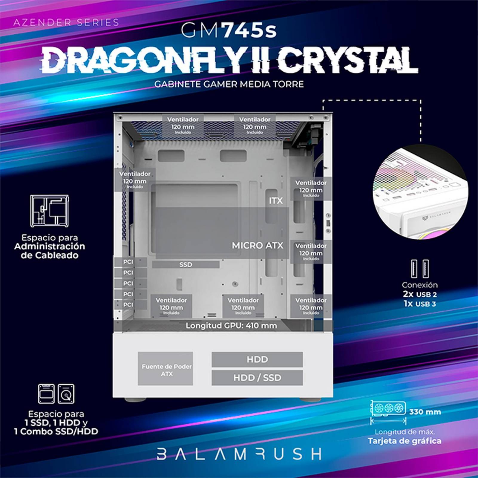 Gabinete Gamer BALAM RUSH DRAGONFLY II CRYSTAL GM745s ATX Media Torre 3 Fan Cristal Templado Blanco BR-936064 