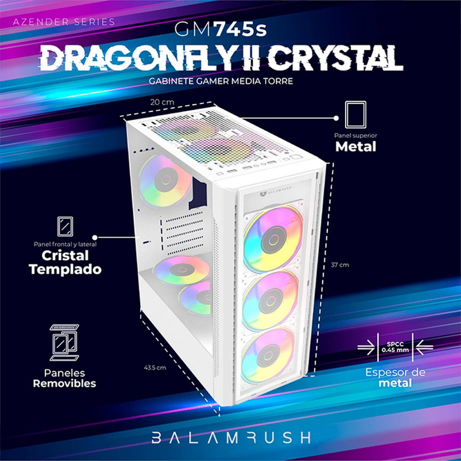 Gabinete Gamer BALAM RUSH DRAGONFLY II CRYSTAL GM745s ATX Media Torre 3 Fan Cristal Templado Blanco BR-936064 