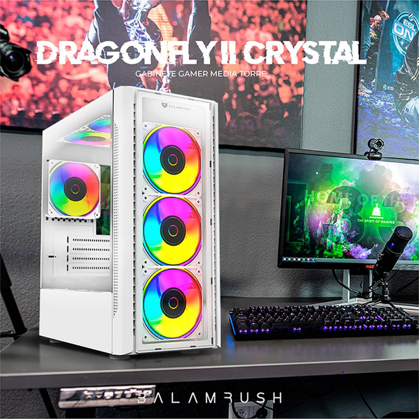 Gabinete Gamer BALAM RUSH DRAGONFLY II CRYSTAL GM745s ATX Media Torre 3 Fan Cristal Templado Blanco BR-936064 