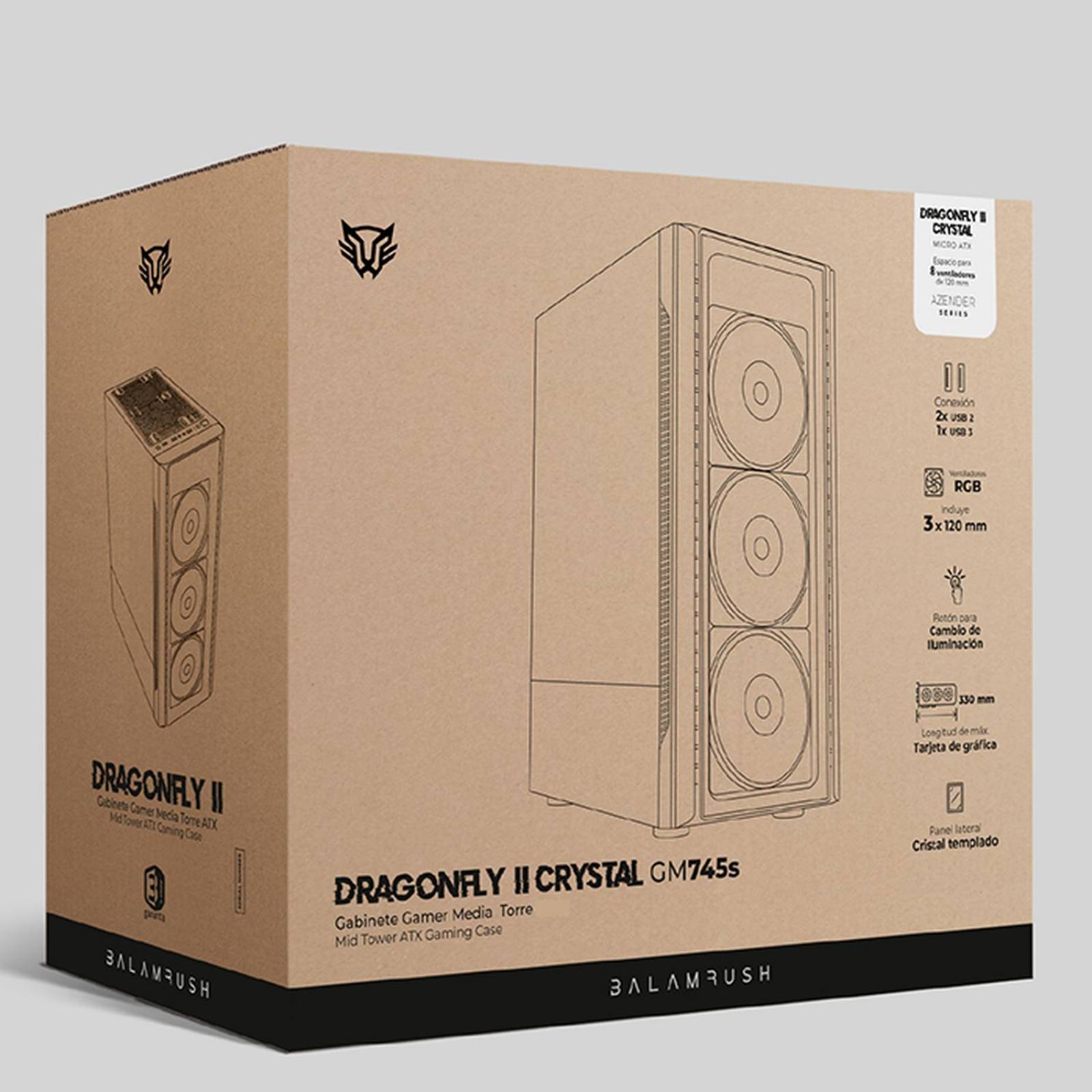 Gabinete Gamer BALAM RUSH DRAGONFLY II CRYSTAL GM745s ATX Media Torre 3 Fan Cristal Templado Blanco BR-936064 
