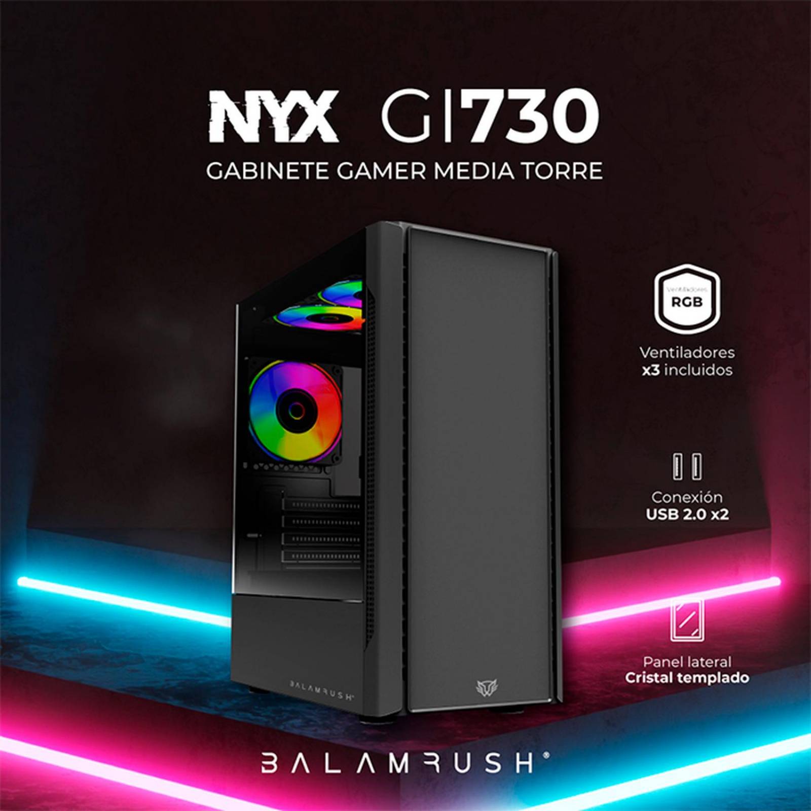 Gabinete Gamer BALAM RUSH NYX GI730 ATX Media Torre 3 Fan Cristal Templado Negro BR-936095 