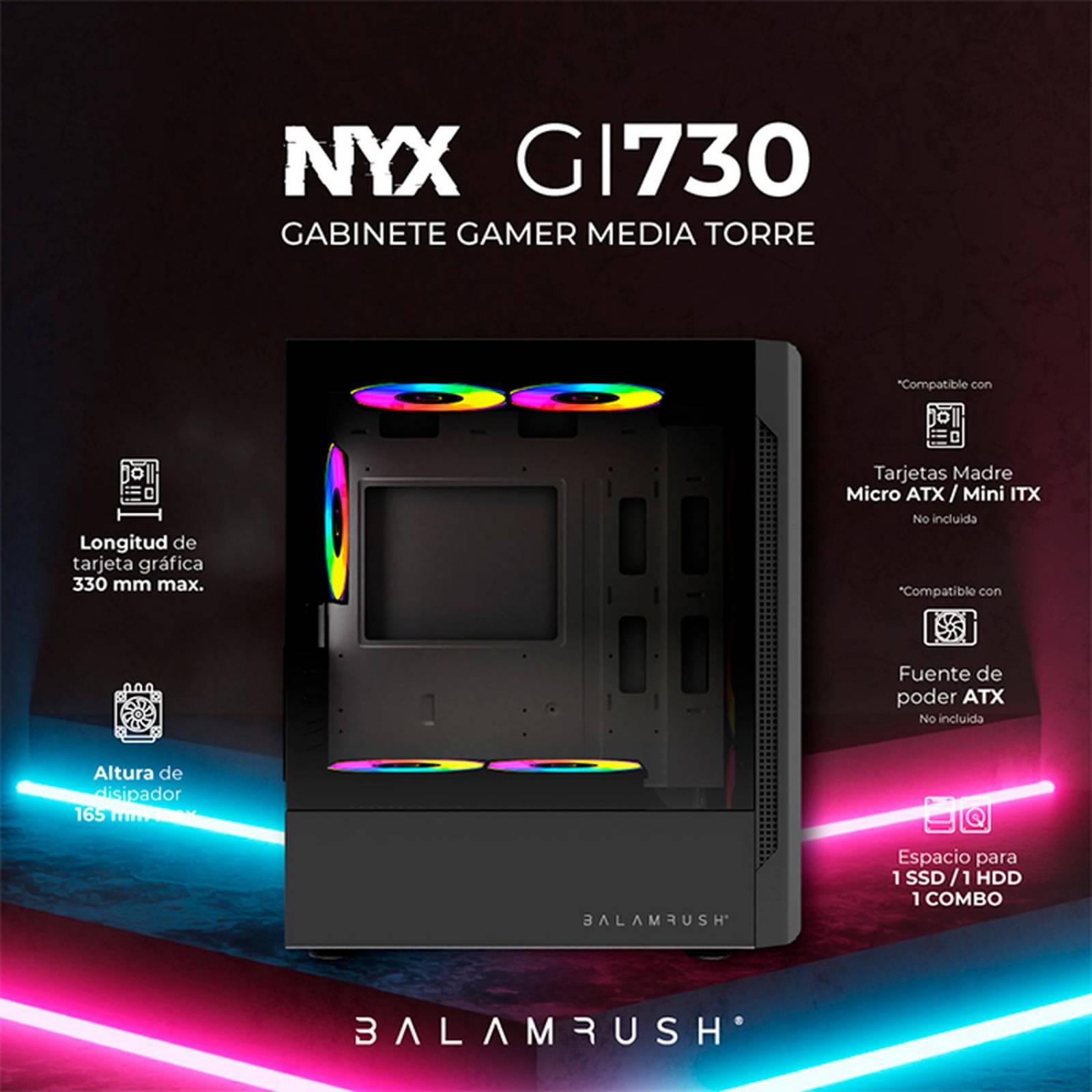 Gabinete Gamer BALAM RUSH NYX GI730 ATX Media Torre 3 Fan Cristal Templado Negro BR-936095 