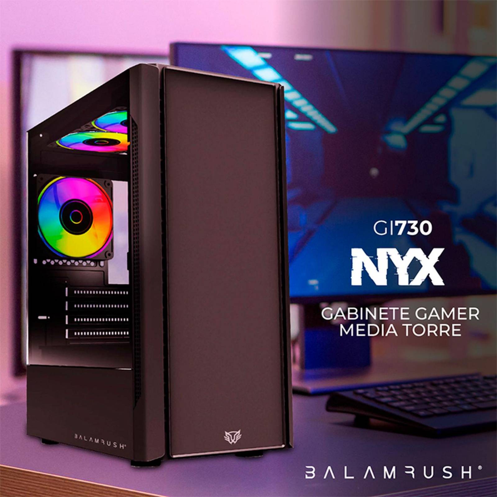 Gabinete Gamer BALAM RUSH NYX GI730 ATX Media Torre 3 Fan Cristal Templado Negro BR-936095 