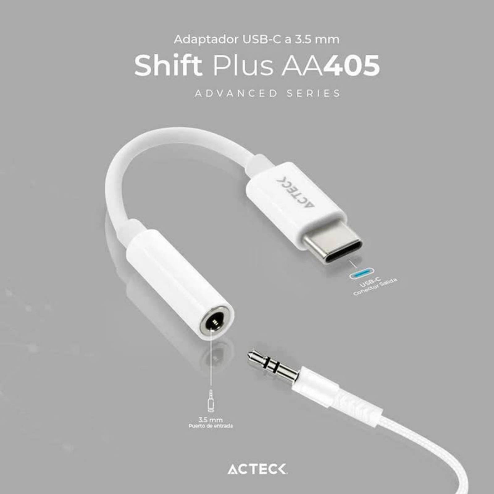 Adaptador Convertidor ACTECK SHIFT PLUS AA405 USB Tipo C a Jack 3.5mm Blanco AC-934831 