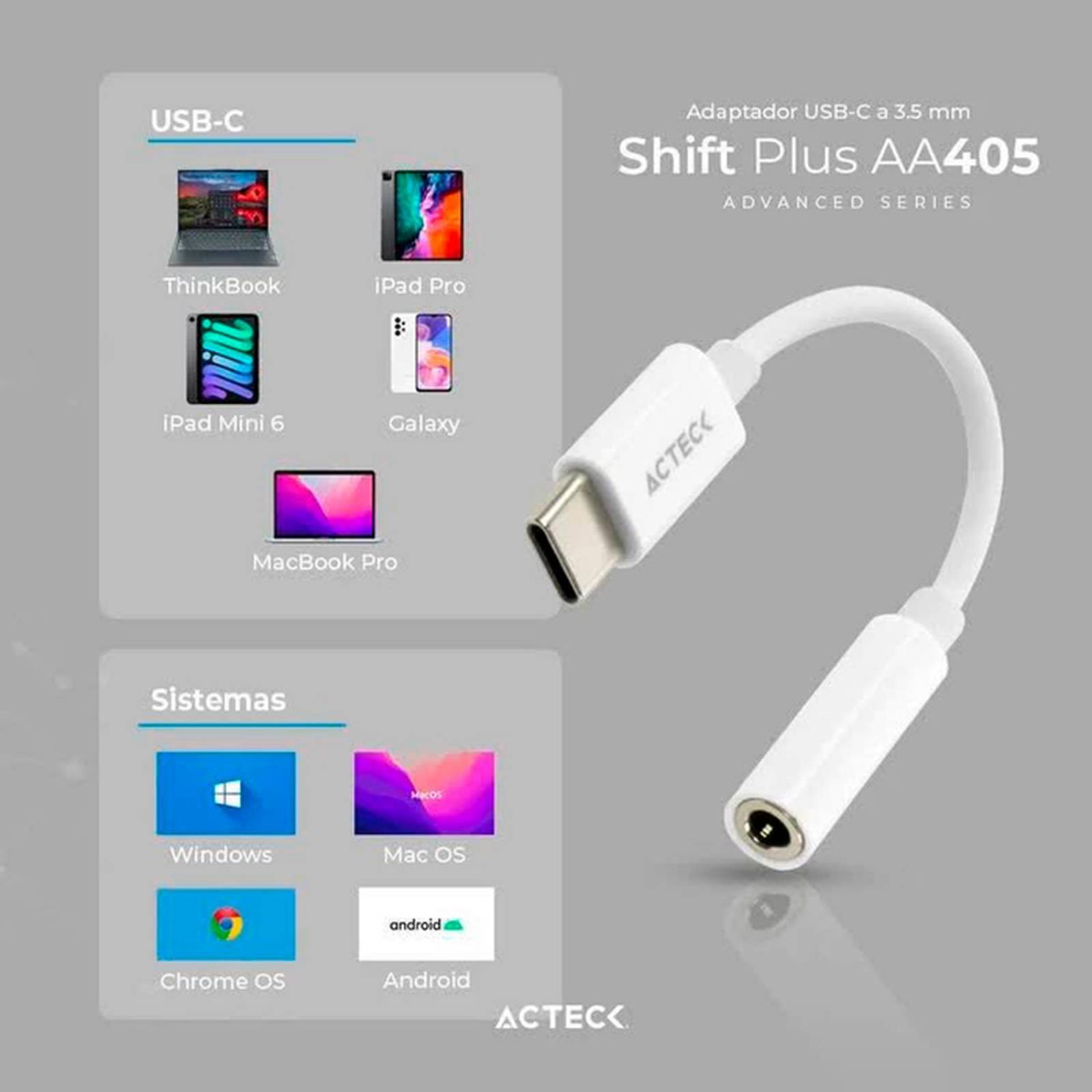 Adaptador Convertidor ACTECK SHIFT PLUS AA405 USB Tipo C a Jack 3.5mm Blanco AC-934831 