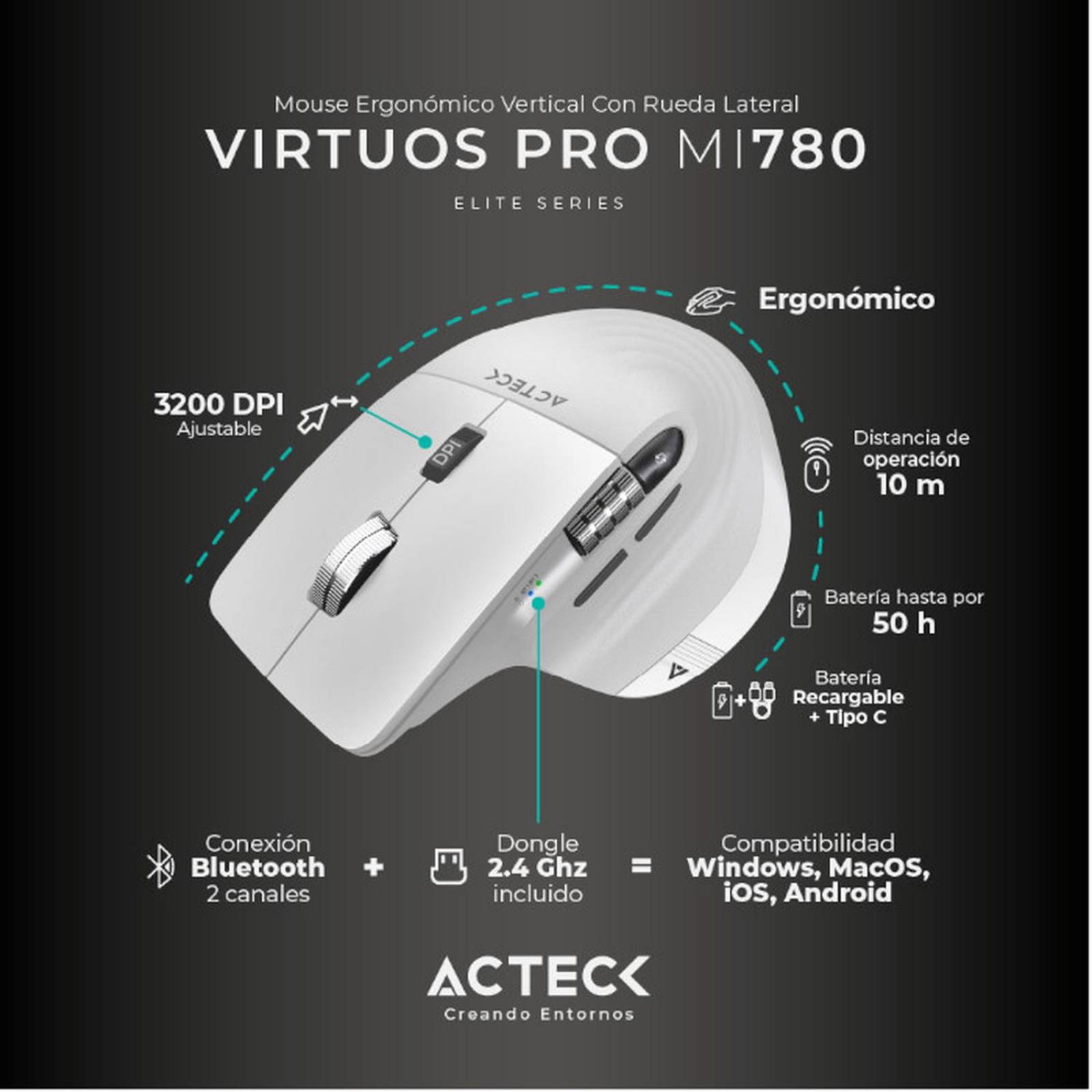 Mouse Ergonomico ACTECK VIRTUOS PRO MI780 3000dpi Inalambrico 8 botones Blanco AC-936194 