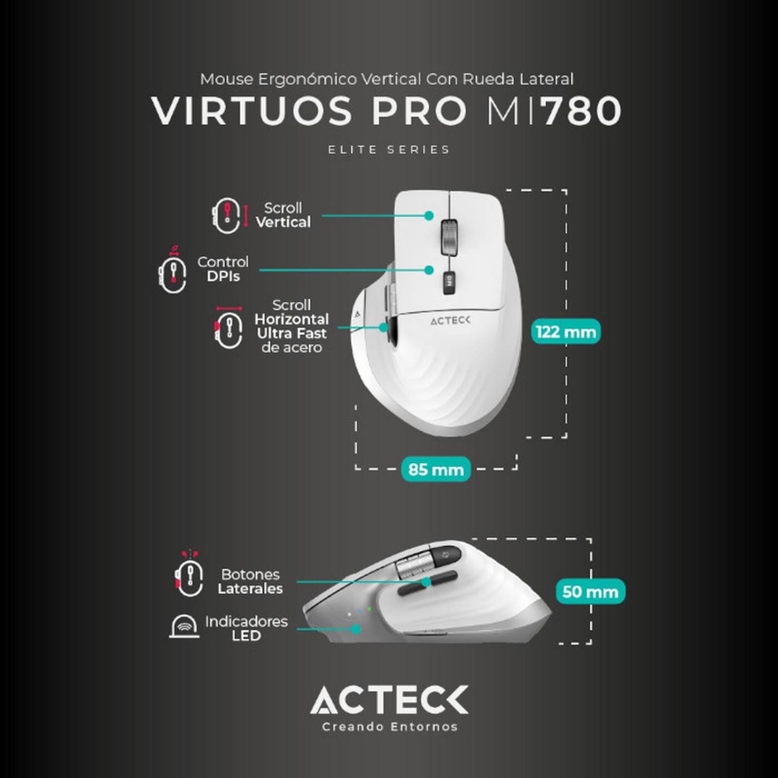 Mouse Ergonomico ACTECK VIRTUOS PRO MI780 3000dpi Inalambrico 8 botones Blanco AC-936194 