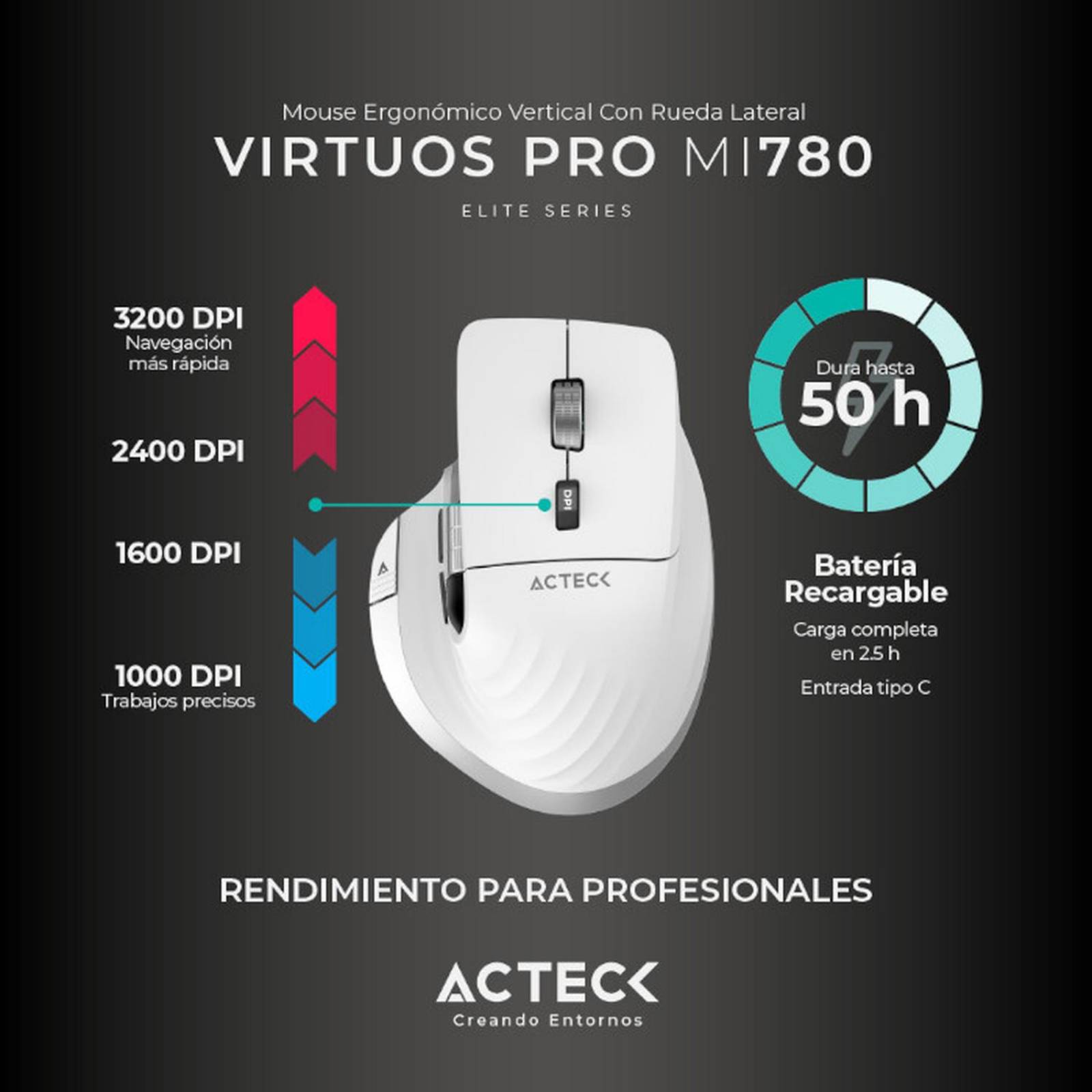 Mouse Ergonomico ACTECK VIRTUOS PRO MI780 3000dpi Inalambrico 8 botones Blanco AC-936194 