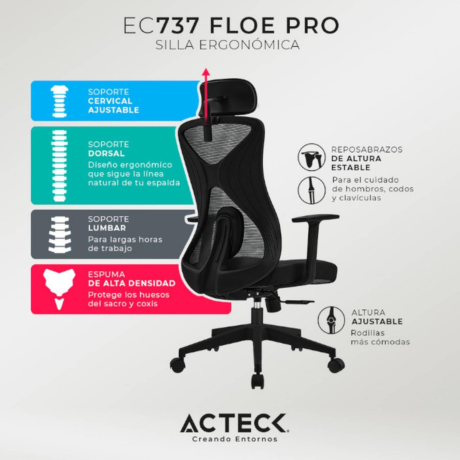 Silla Ejecutiva ACTECK FLOE PRO EC737 Ergonomica con Reposabrazos Negro AC-937238