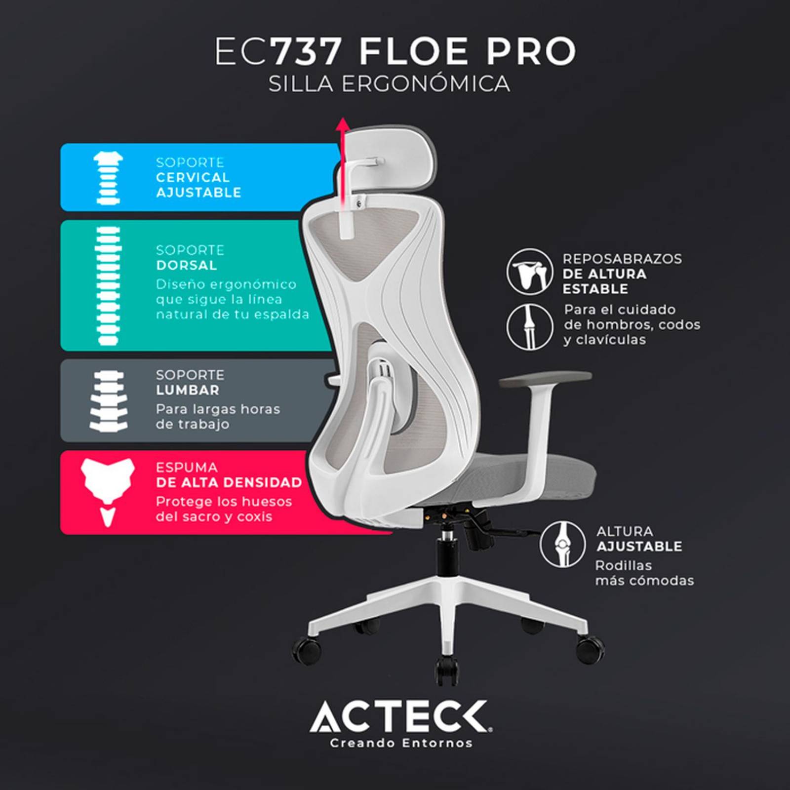 Silla Ejecutiva ACTECK FLOE PRO EC737 Ergonomica con Reposabrazos Blanco AC-937245 
