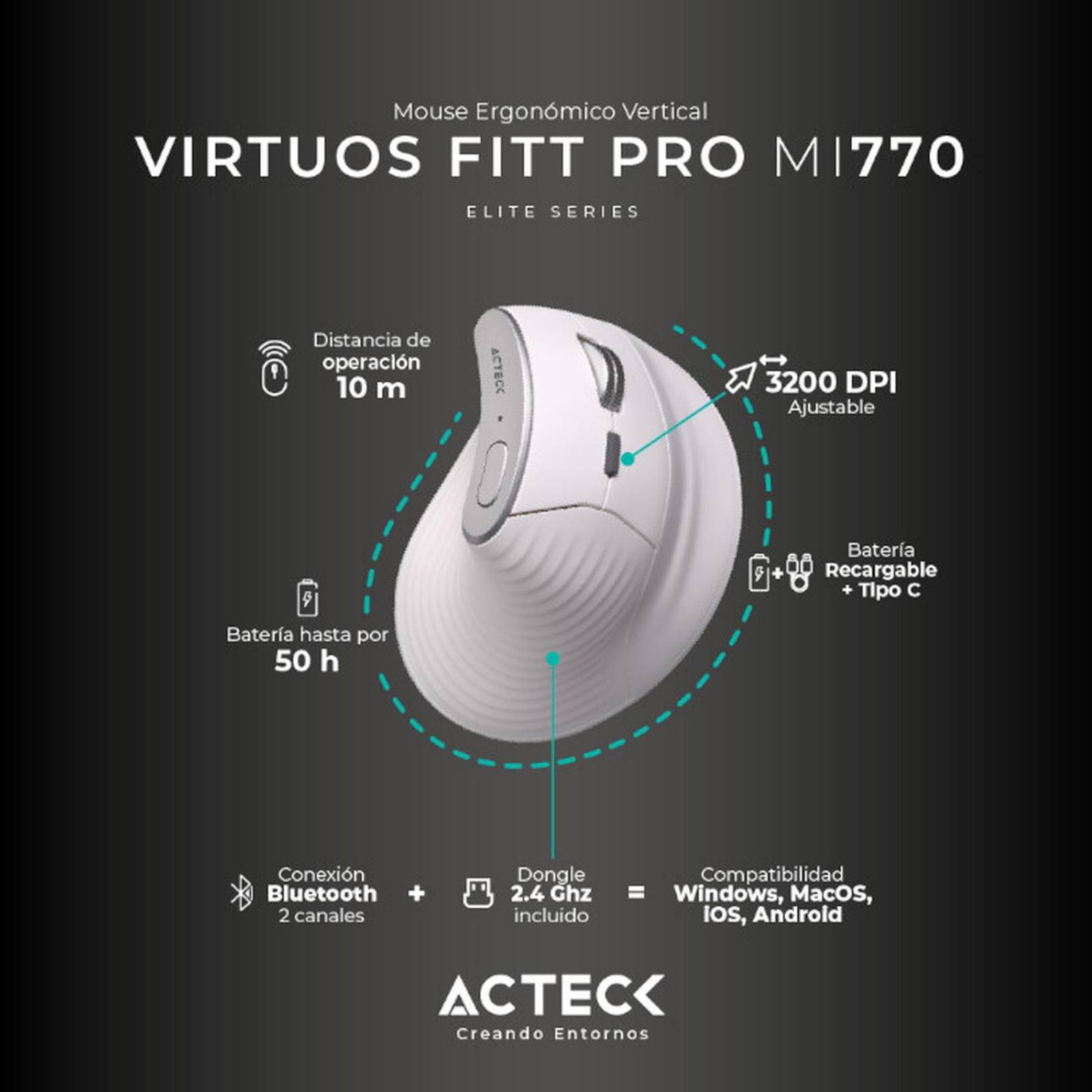 Mouse Ergonomico ACTECK VIRTUOS FITT PRO MI770 1600dpi Inalambrico 8 botones Blanco AC-936217 