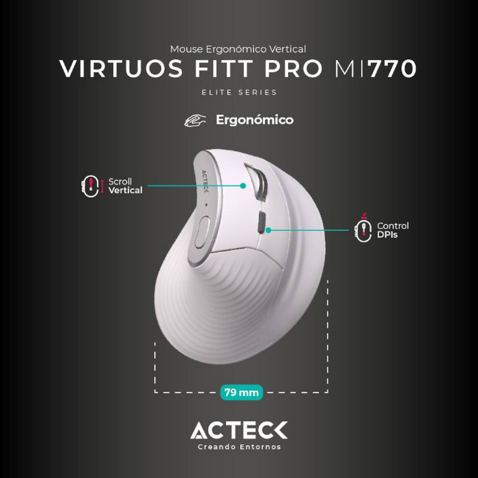 Mouse Ergonomico ACTECK VIRTUOS FITT PRO MI770 1600dpi Inalambrico 8 botones Blanco AC-936217 