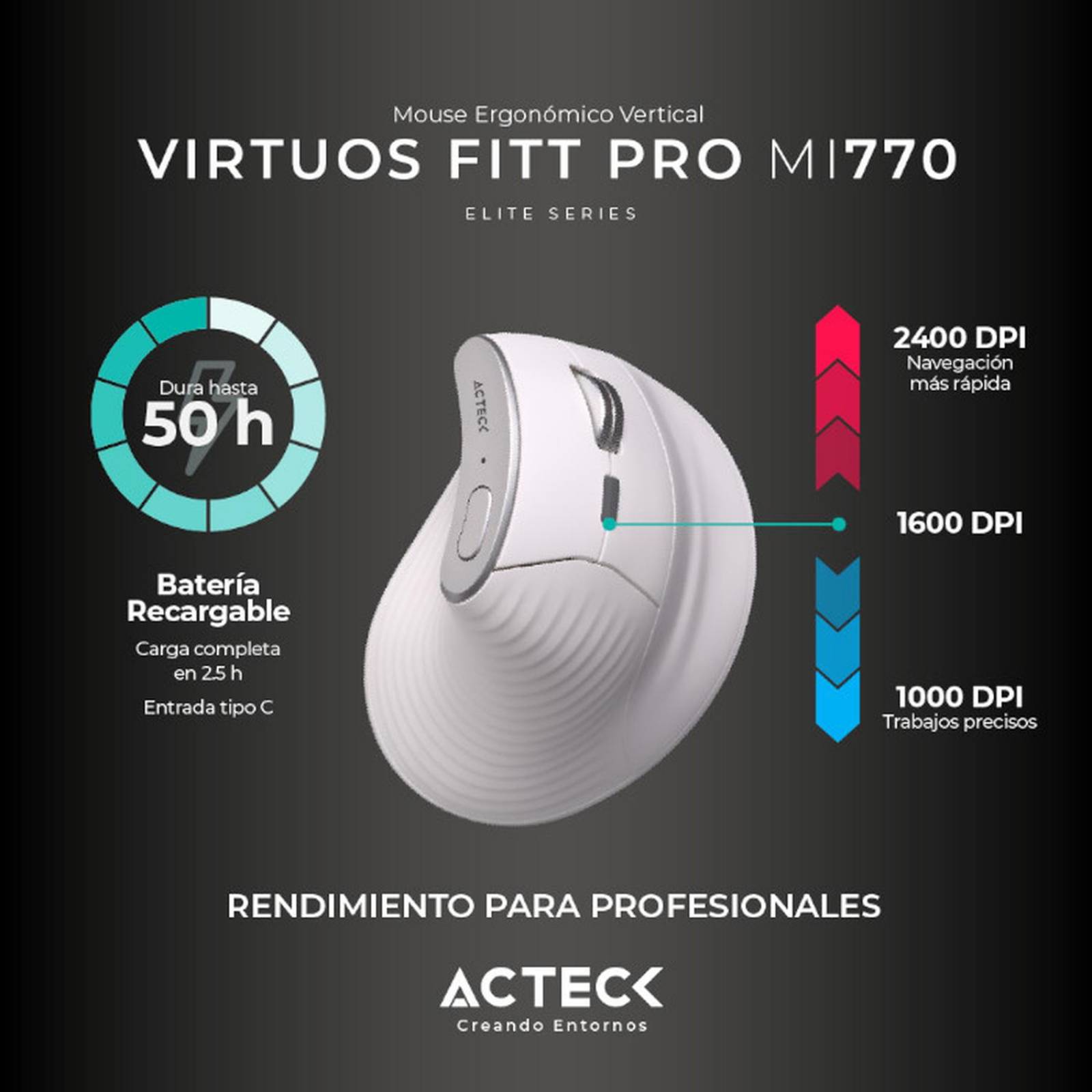 Mouse Ergonomico ACTECK VIRTUOS FITT PRO MI770 1600dpi Inalambrico 8 botones Blanco AC-936217 