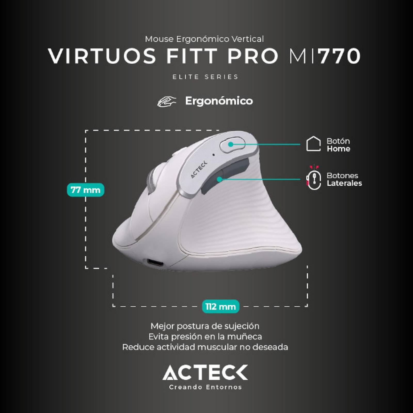 Mouse Ergonomico ACTECK VIRTUOS FITT PRO MI770 1600dpi Inalambrico 8 botones Blanco AC-936217 