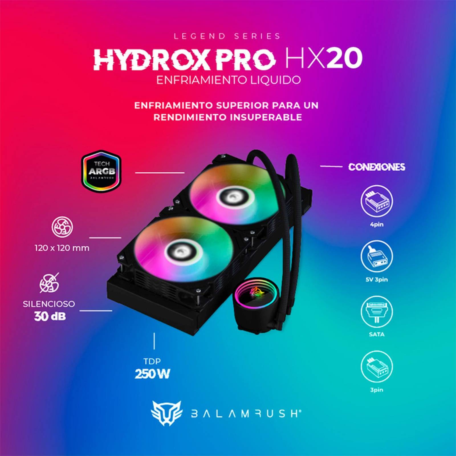 Enfriamiento Liquido BALAM RUSH HYDROX PRO HX20 240mm ARGB 4 pines LGA 1700 AM5 Negro BR-937368 