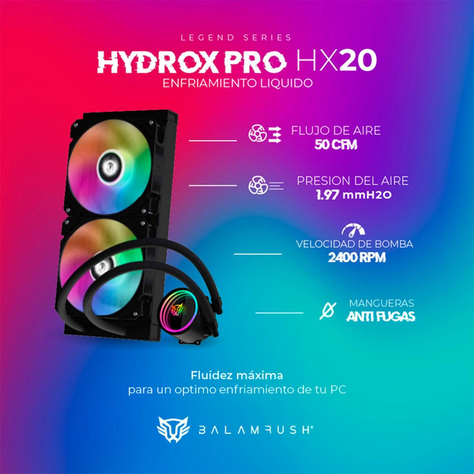 Enfriamiento Liquido BALAM RUSH HYDROX PRO HX20 240mm ARGB 4 pines LGA 1700 AM5 Negro BR-937368 