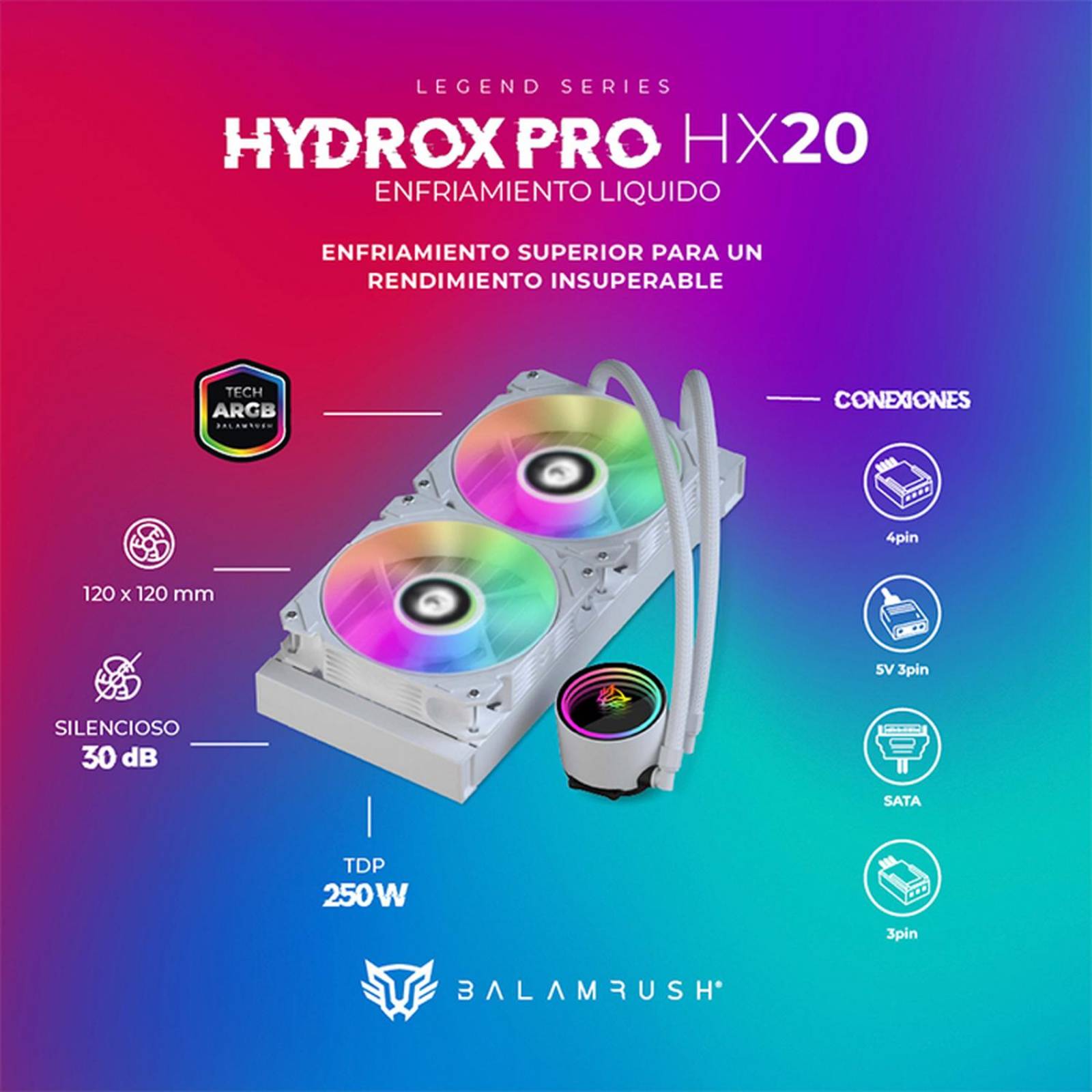 Enfriamiento Liquido BALAM RUSH HYDROX PRO HX20 240mm ARGB 4 pines LGA 1700 AM5 Blanco BR-937375 
