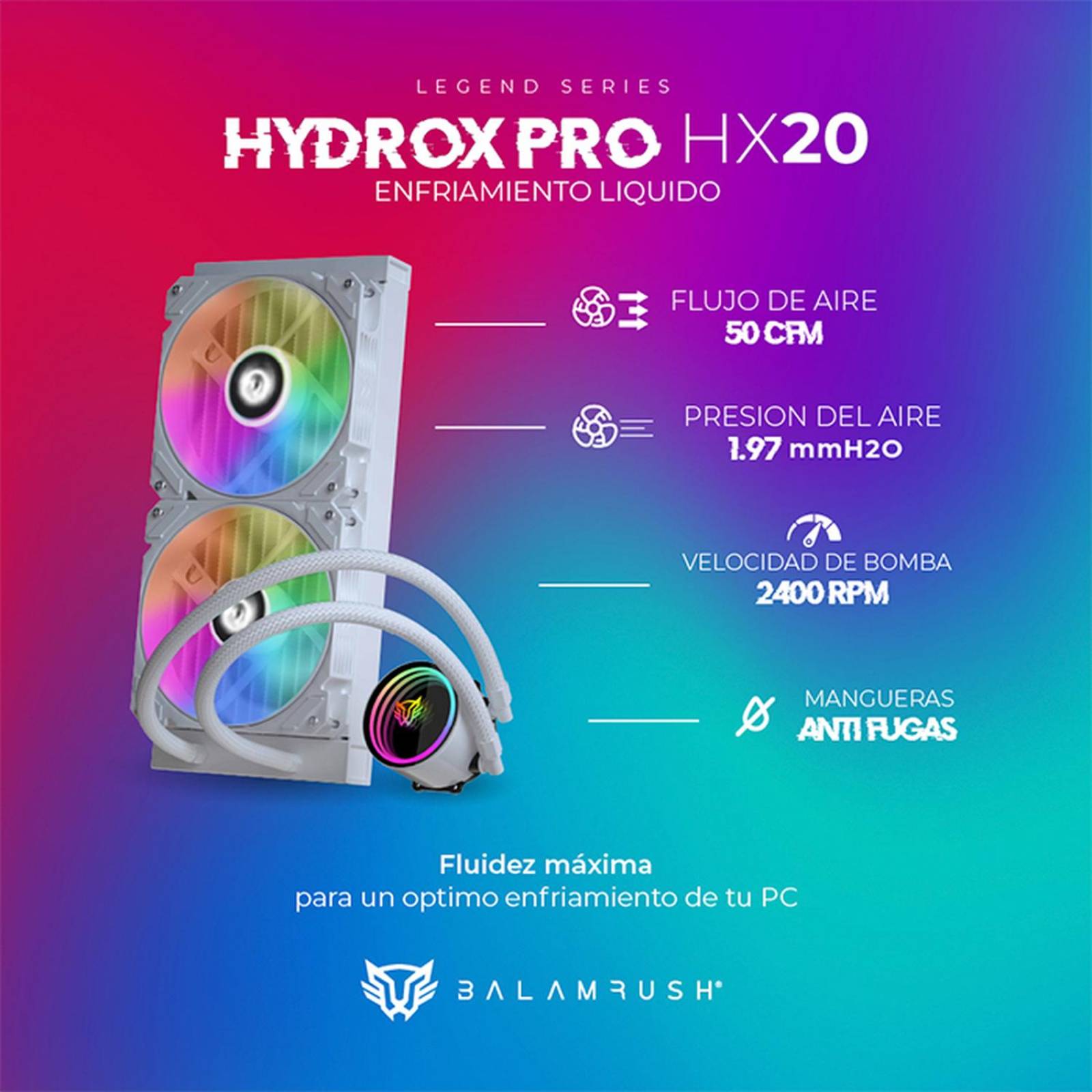 Enfriamiento Liquido BALAM RUSH HYDROX PRO HX20 240mm ARGB 4 pines LGA 1700 AM5 Blanco BR-937375 