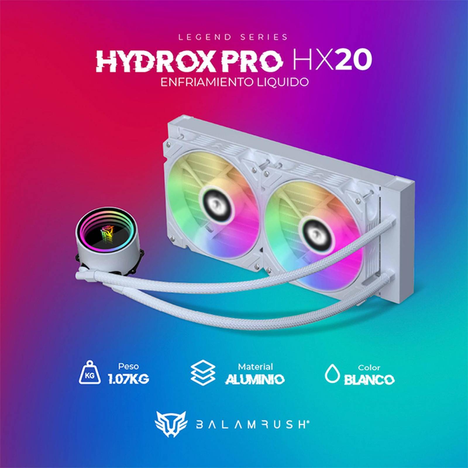 Enfriamiento Liquido BALAM RUSH HYDROX PRO HX20 240mm ARGB 4 pines LGA 1700 AM5 Blanco BR-937375 