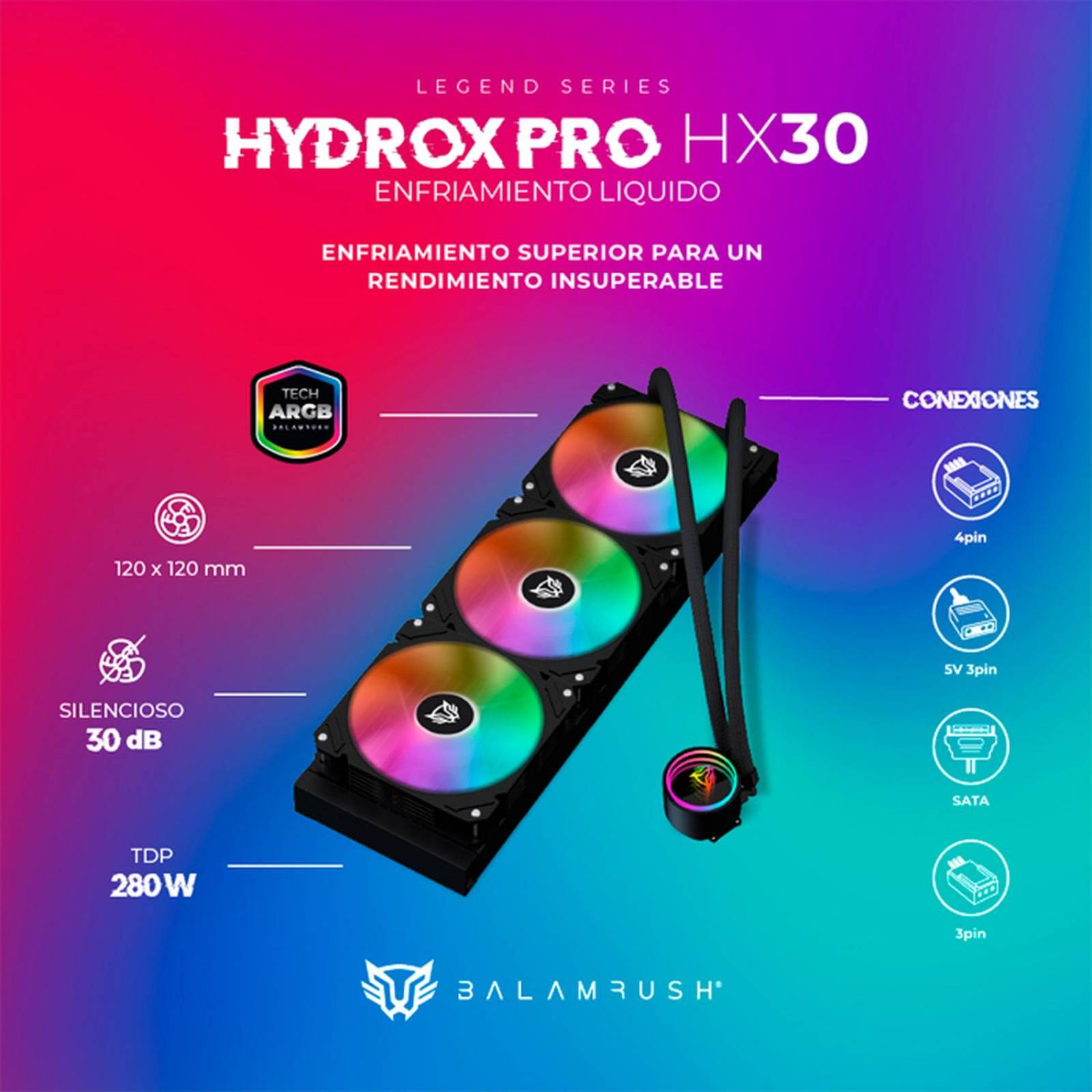 Enfriamiento Liquido BALAM RUSH HYDROX PRO HX30 360mm ARGB 4 pines LGA 1700 AM5 Negro BR-937344