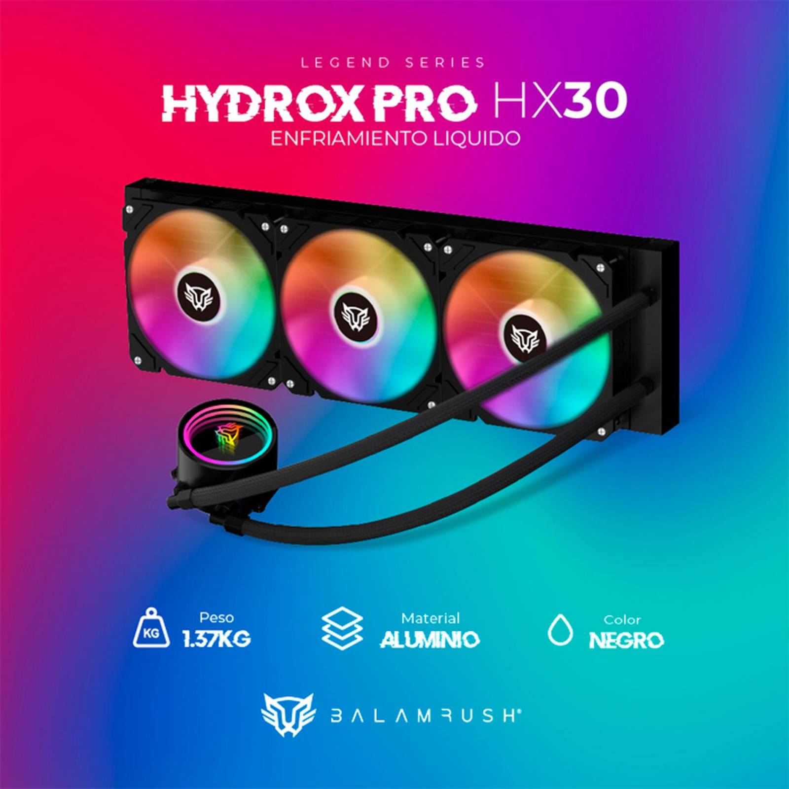 Enfriamiento Liquido BALAM RUSH HYDROX PRO HX30 360mm ARGB 4 pines LGA 1700 AM5 Negro BR-937344