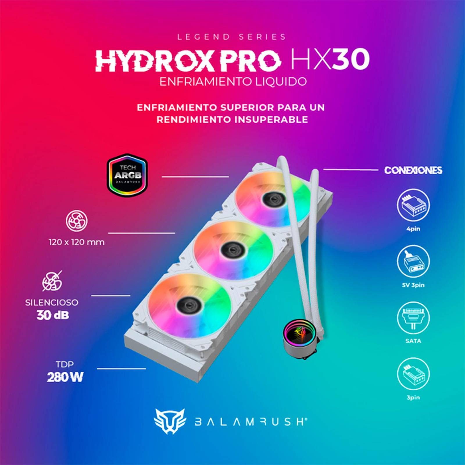 Enfriamiento Liquido BALAM RUSH HYDROX PRO HX30 360mm ARGB 4 pines LGA 1700 AM5 Blanco BR-937351 