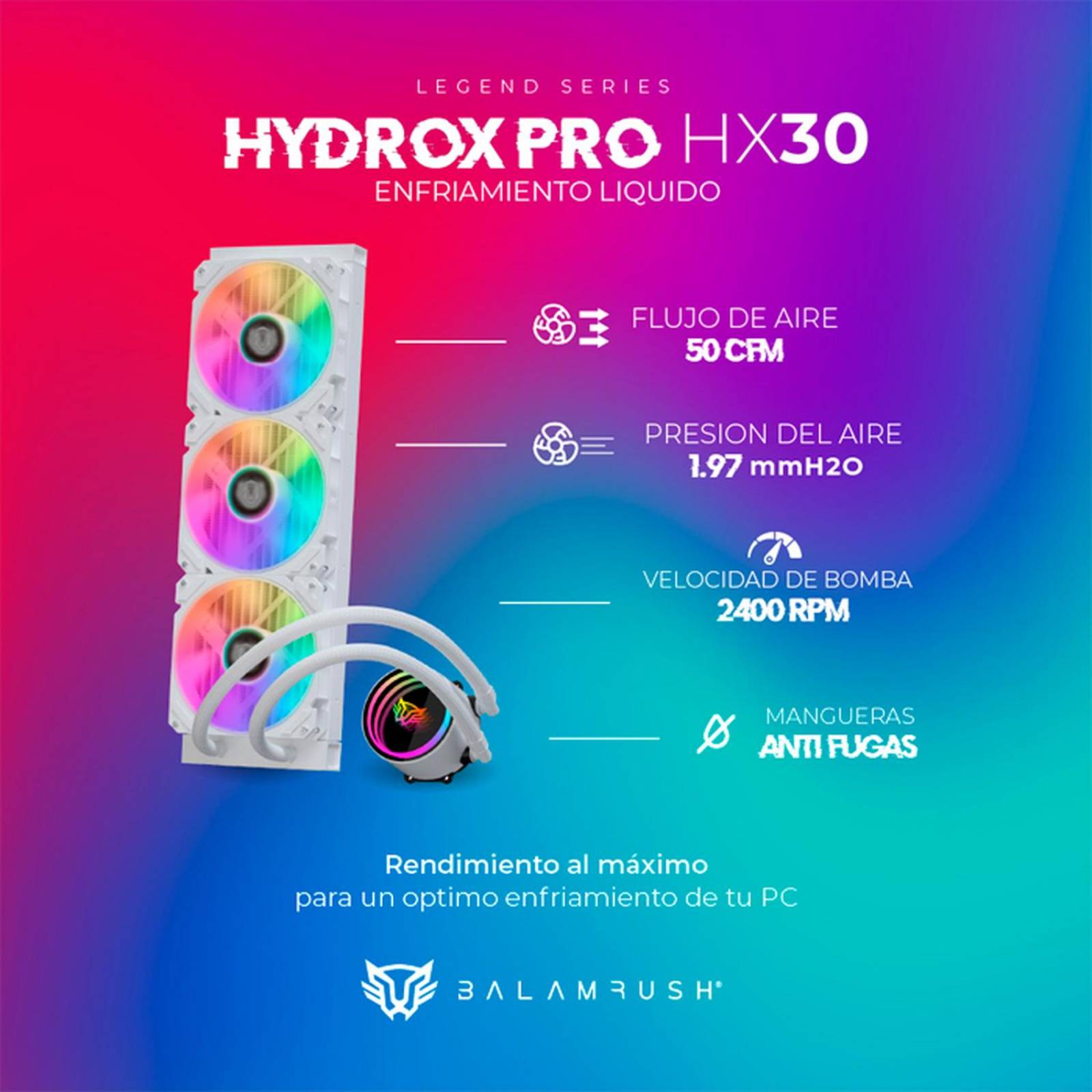 Enfriamiento Liquido BALAM RUSH HYDROX PRO HX30 360mm ARGB 4 pines LGA 1700 AM5 Blanco BR-937351 