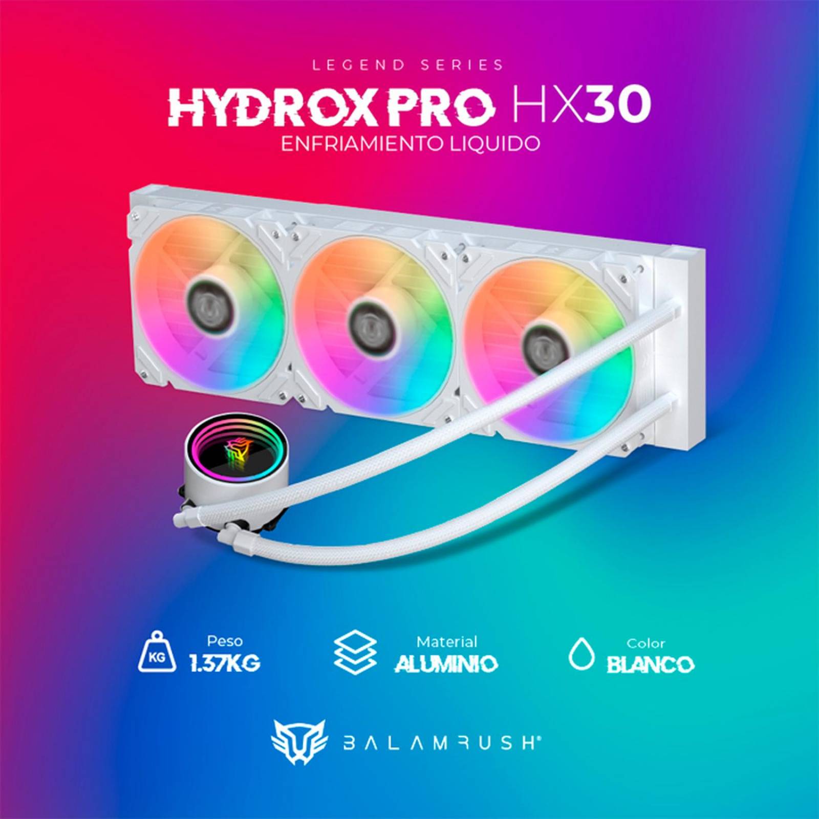 Enfriamiento Liquido BALAM RUSH HYDROX PRO HX30 360mm ARGB 4 pines LGA 1700 AM5 Blanco BR-937351 