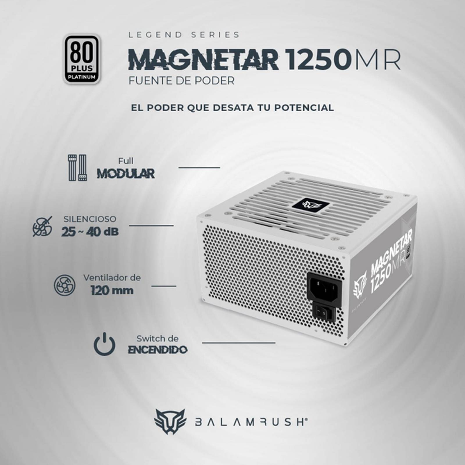 Fuente de Poder PC 1250W Gamer BALAM RUSH MAGNETAR 1250MR 80 Plus Platinum Modular Blanco BR-937627