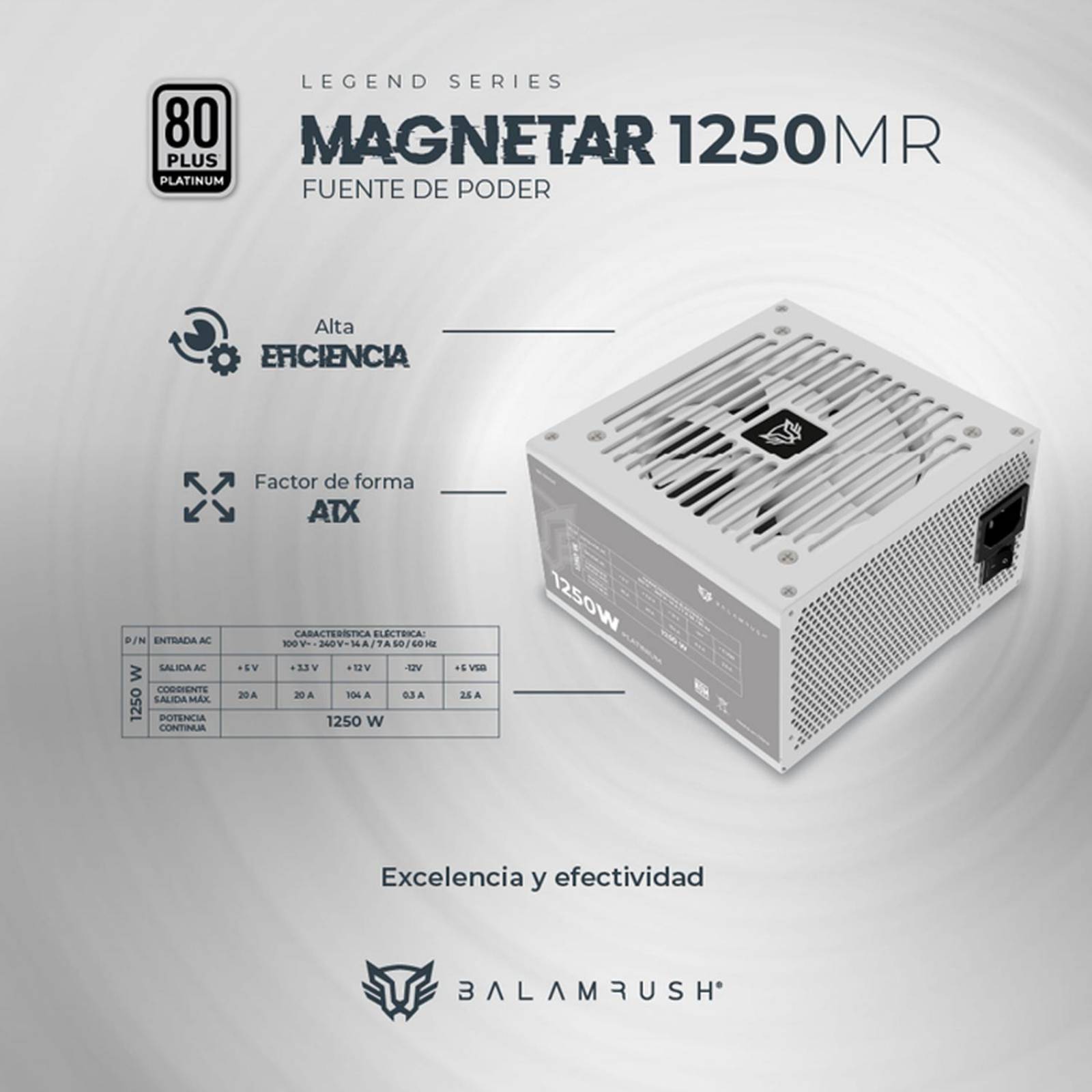 Fuente de Poder PC 1250W Gamer BALAM RUSH MAGNETAR 1250MR 80 Plus Platinum Modular Blanco BR-937627