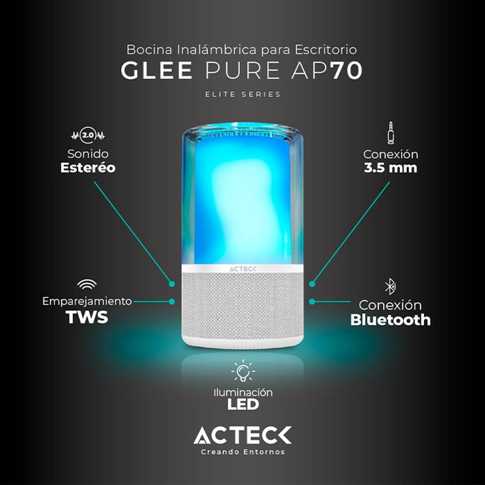 Bocina Portatil ACTECK GLEE PURE AP70 Inalambrica Luz LED Tws Blanco AC-936392 