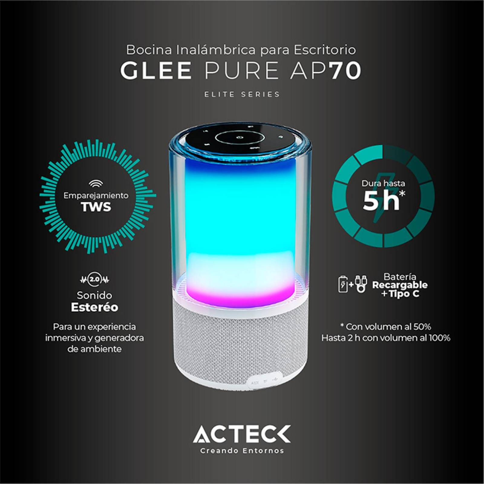 Bocina Portatil ACTECK GLEE PURE AP70 Inalambrica Luz LED Tws Blanco AC-936392 